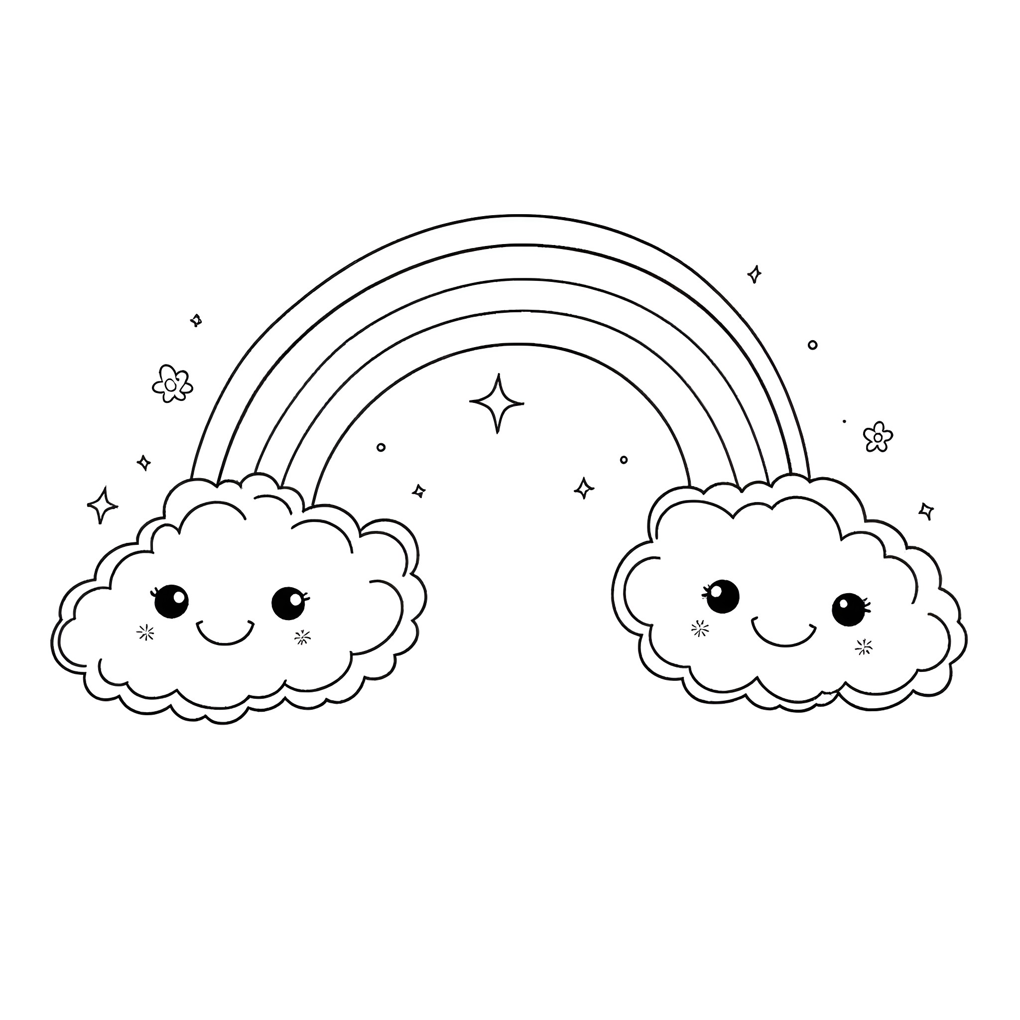Rainbow Clouds Sparkling in the Sky Coloring Page (free black-and-white line drawing printable PDF for all, from beginners to advanced learners, including children, teens, adults, and seniors)