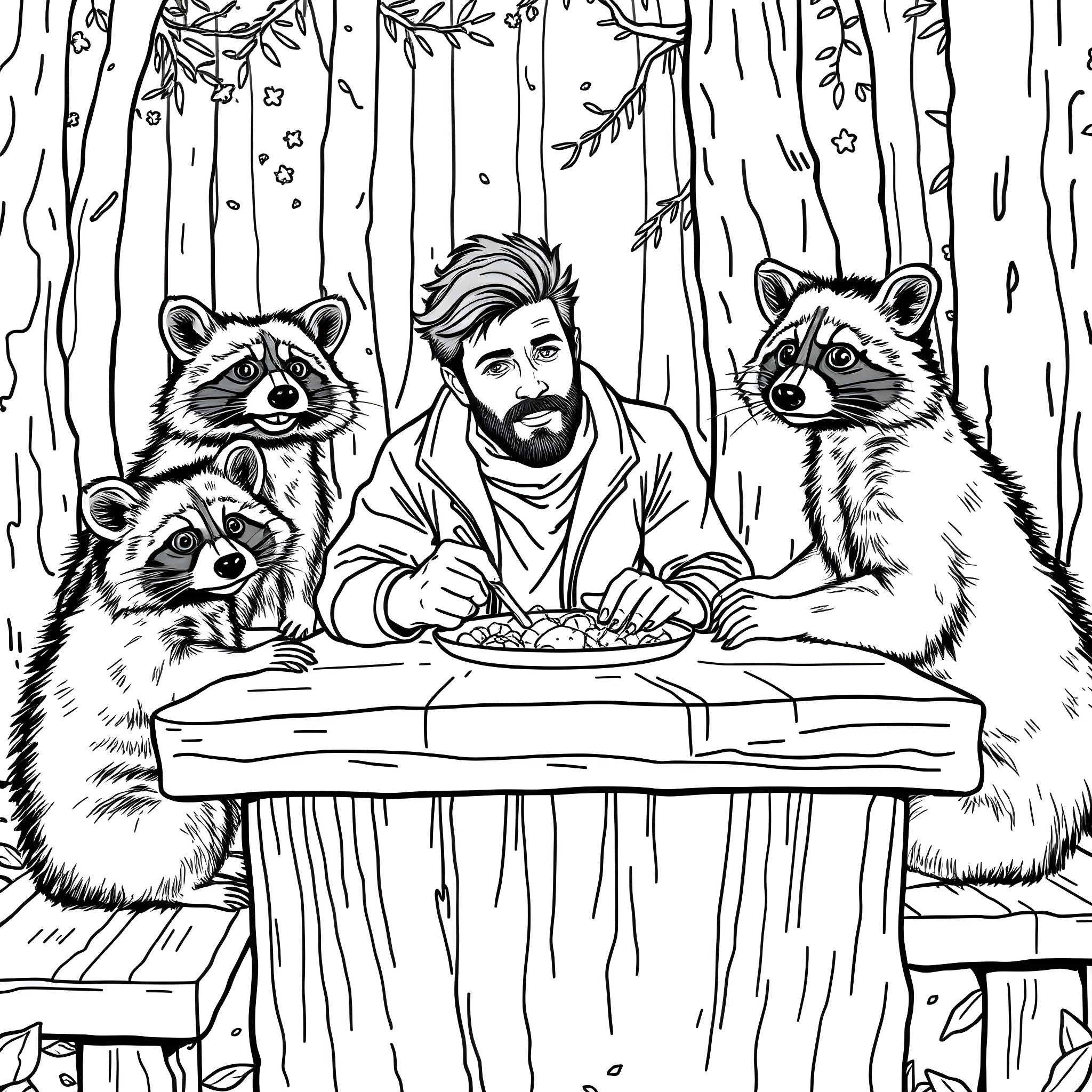 Roman Atwood enjoying a meal with raccoons in the forest Coloring Page (free black-and-white line drawing printable PDF for all, from beginners to advanced learners, including children, teens, adults, and seniors)