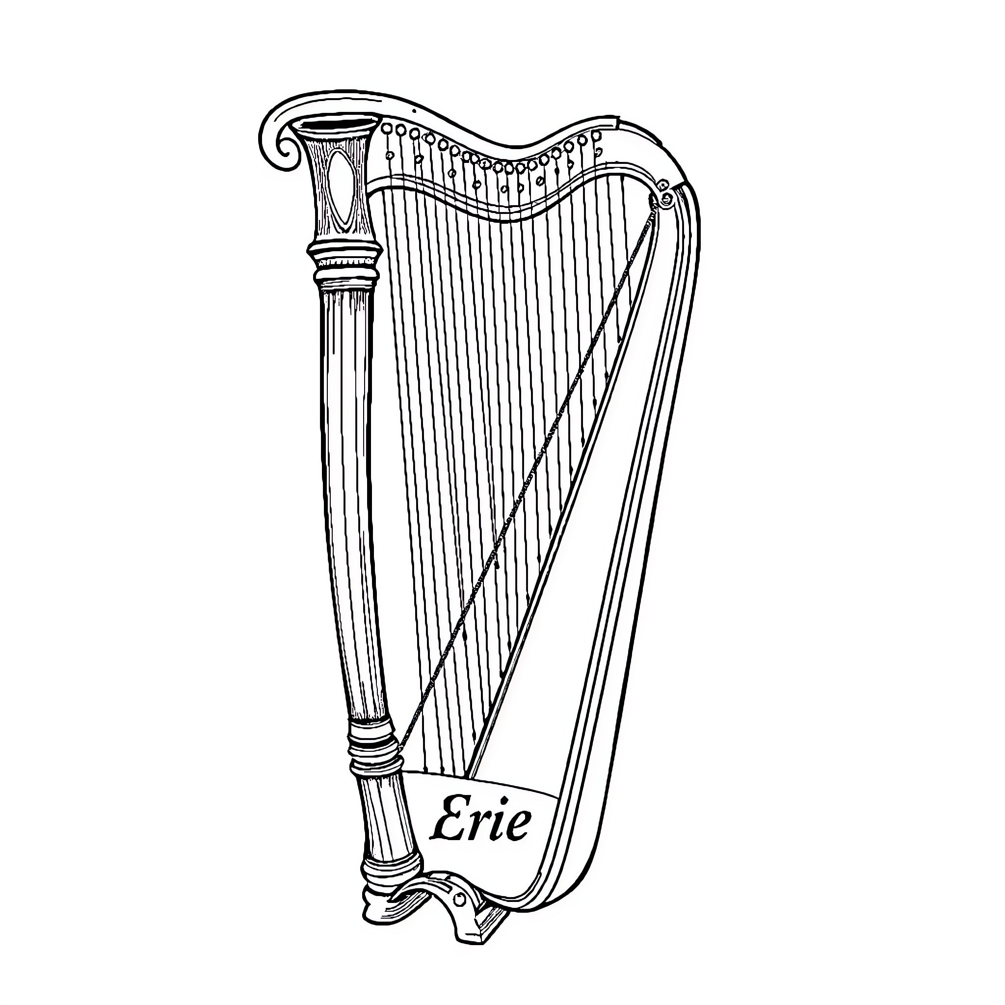 Harp with engraved nameplate Coloring Page (free black-and-white line drawing printable PDF for all, from beginners to advanced learners, including children, teens, adults, and seniors)