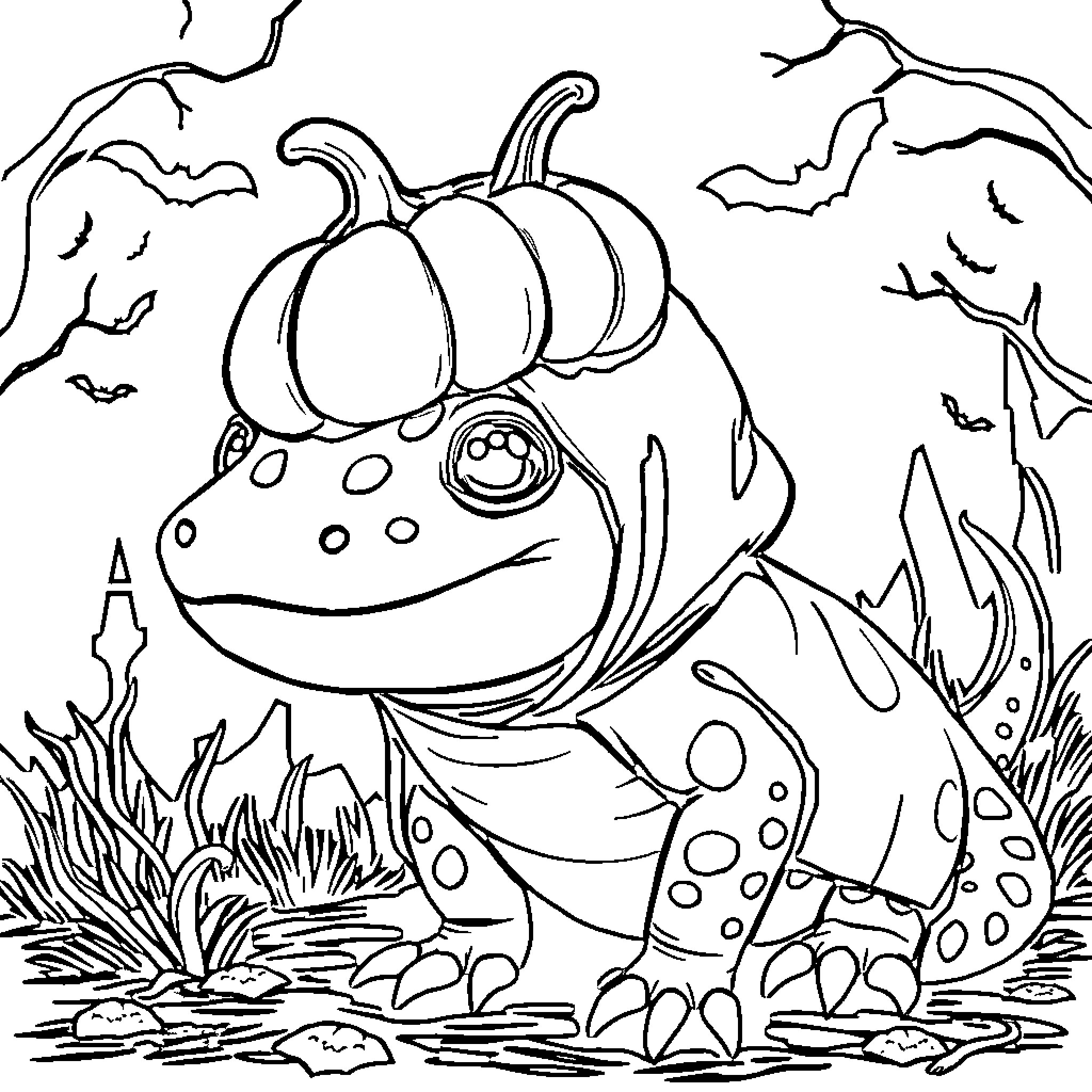 Axolotl with a pumpkin hat in a spooky forest Coloring Page (free black-and-white line drawing printable PDF for all, from beginners to advanced learners, including children, teens, adults, and seniors)