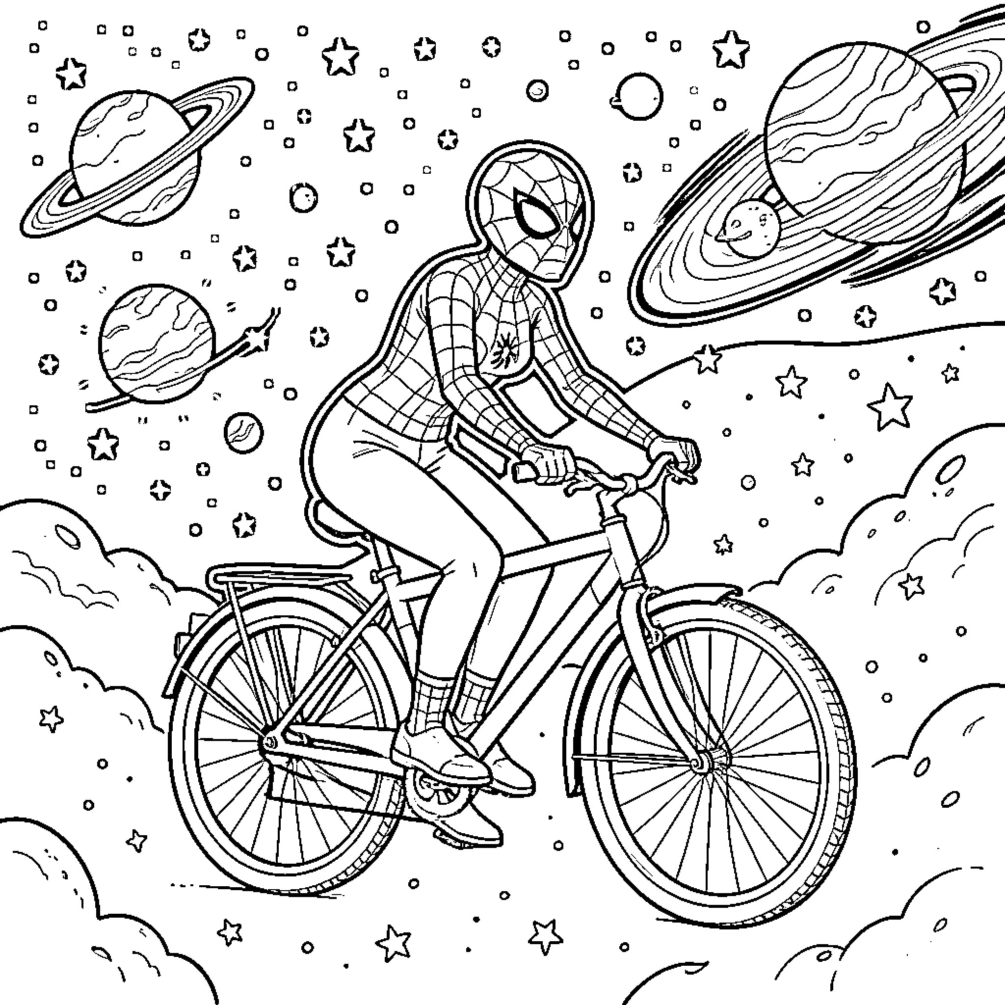 Spider Girl riding a bicycle through outer space Coloring Page (free black-and-white line drawing printable PDF for all, from beginners to advanced learners, including children, teens, adults, and seniors)
