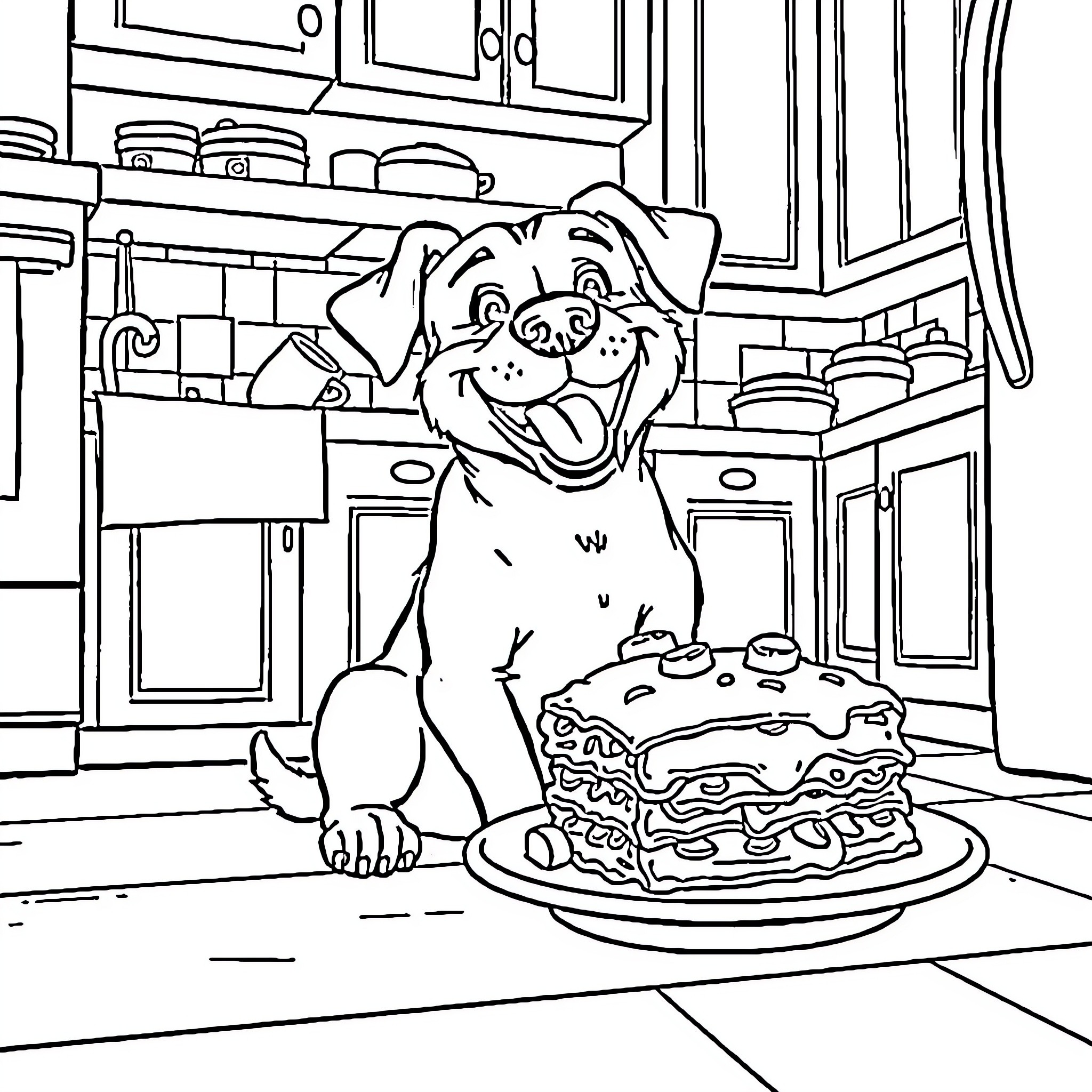 Dog enjoying a tasty treat in the kitchen Coloring Page (free black-and-white line drawing printable PDF for all, from beginners to advanced learners, including children, teens, adults, and seniors)