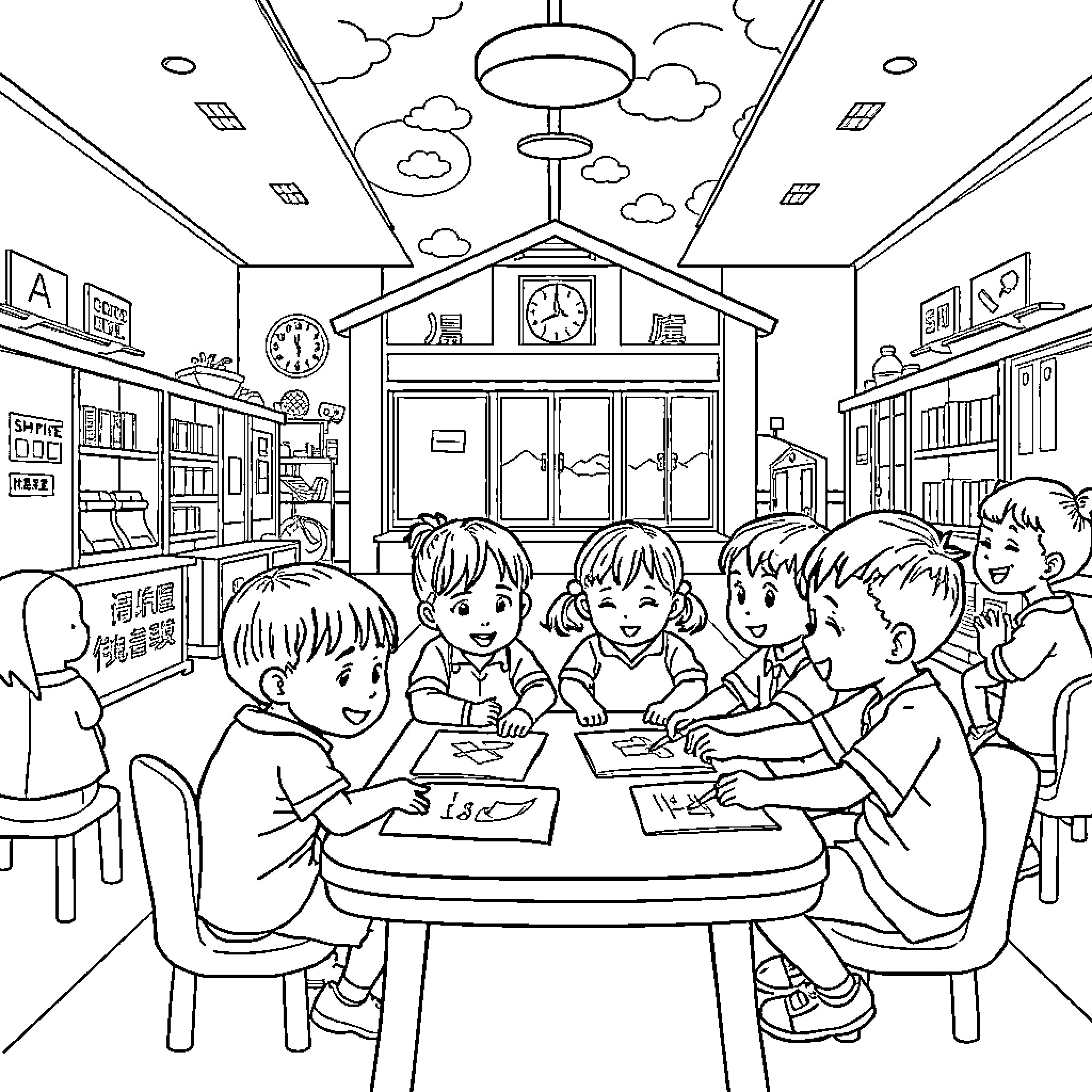 QSI Children Studying and Learning in Classroom Coloring Page (free black-and-white line drawing printable PDF for all, from beginners to advanced learners, including children, teens, adults, and seniors)