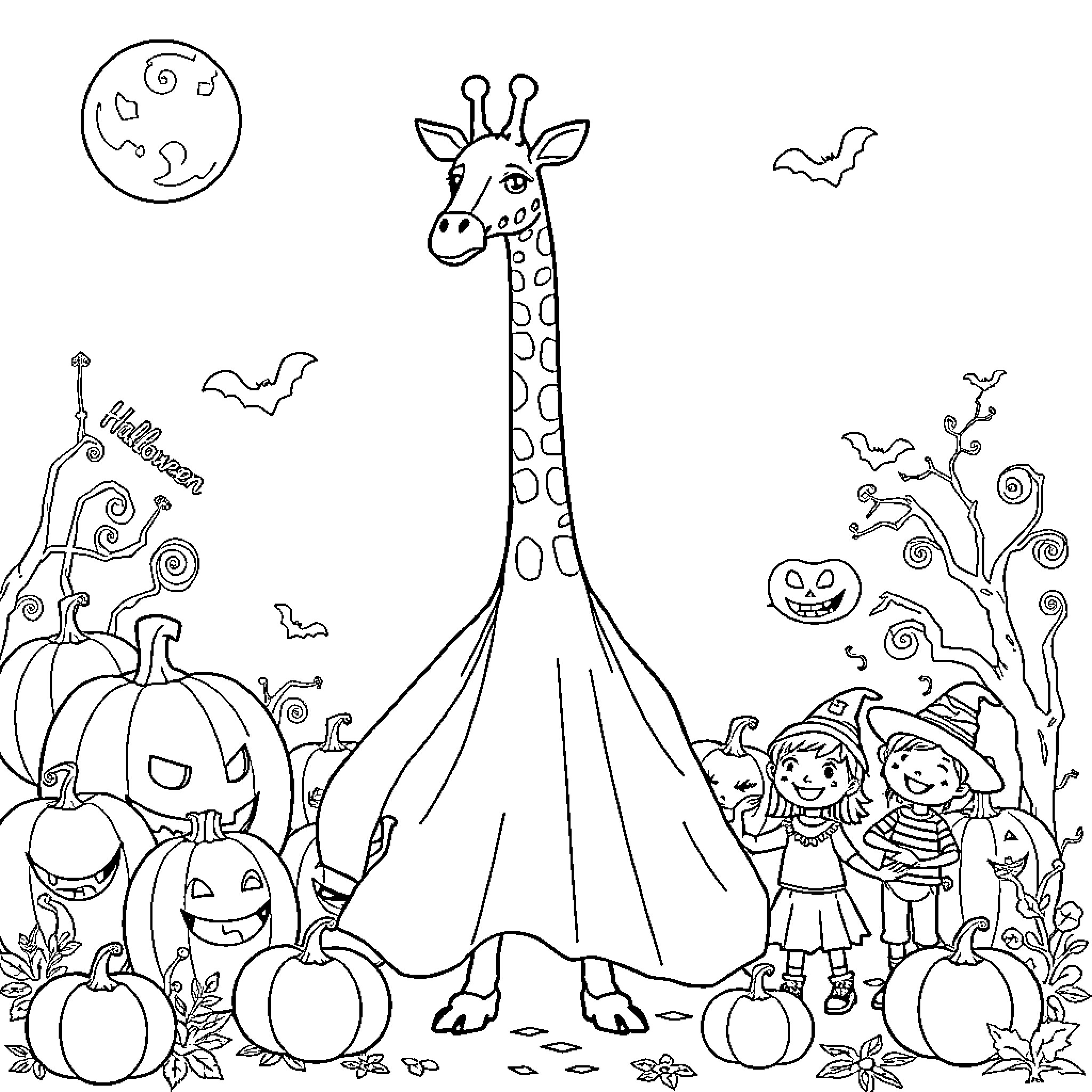 Giraffe exploring Halloween scenery with children Coloring Page (free black-and-white line drawing printable PDF for all, from beginners to advanced learners, including children, teens, adults, and seniors)