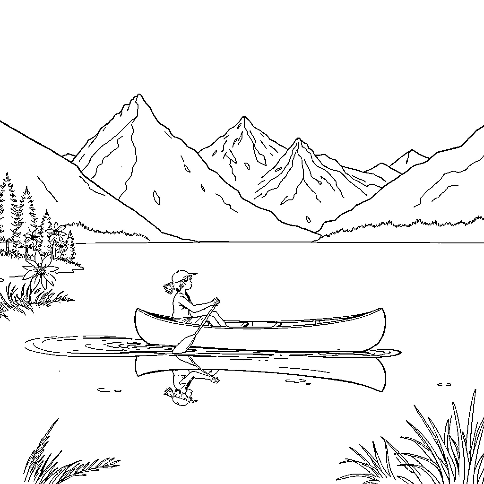 Canoe floating peacefully on the lake Coloring Page (free black-and-white line drawing printable PDF for all, from beginners to advanced learners, including children, teens, adults, and seniors)