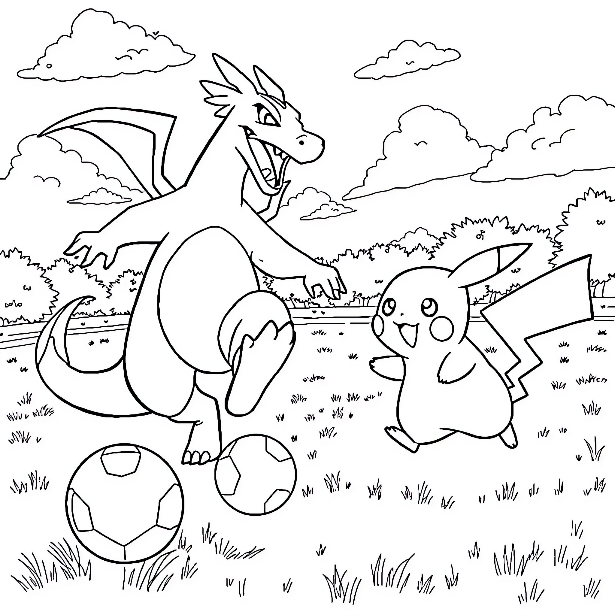 Charizard and Pikachu playing in a grassy field Coloring Page (free black-and-white line drawing printable PDF for all, from beginners to advanced learners, including children, teens, adults, and seniors)