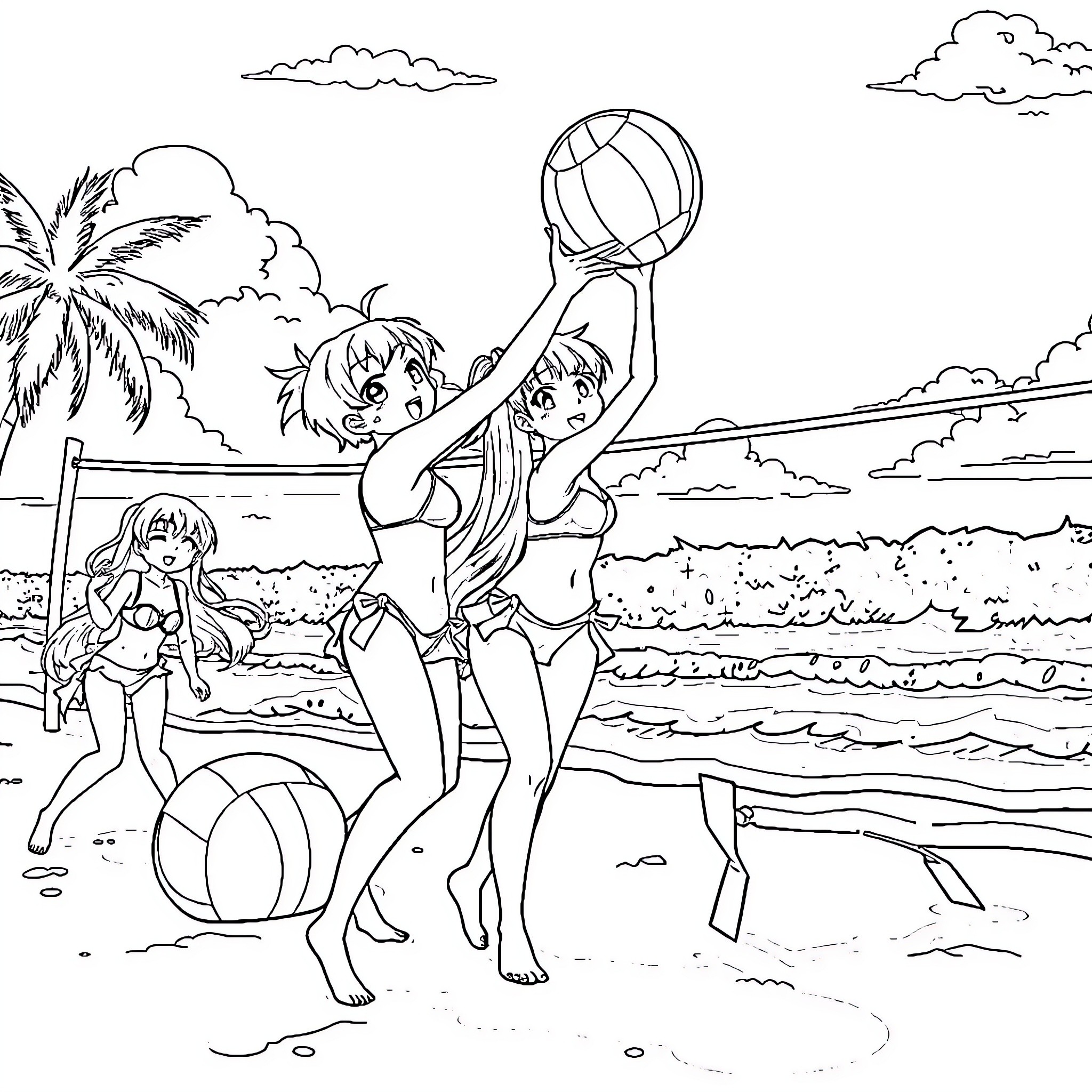 Anime Characters Playing Volleyball on the Beach Coloring Page (free black-and-white line drawing printable PDF for all, from beginners to advanced learners, including children, teens, adults, and seniors)