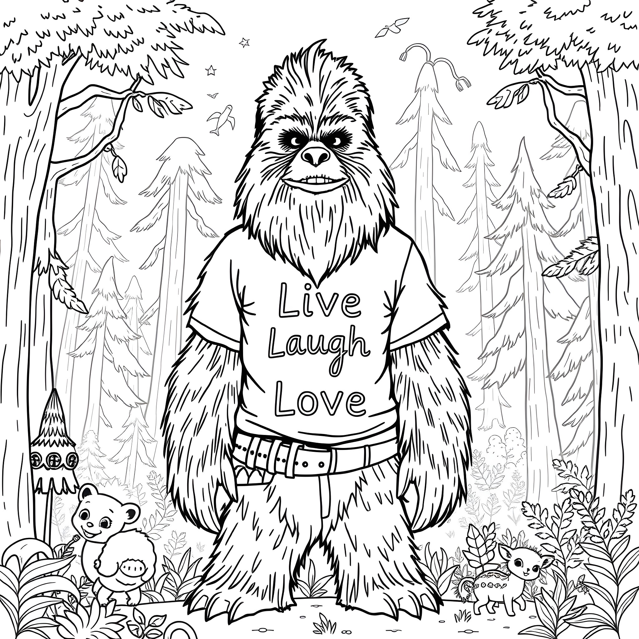 Chewbacca spreading a message of positivity in the forest Coloring Page (free black-and-white line drawing printable PDF for all, from beginners to advanced learners, including children, teens, adults, and seniors)
