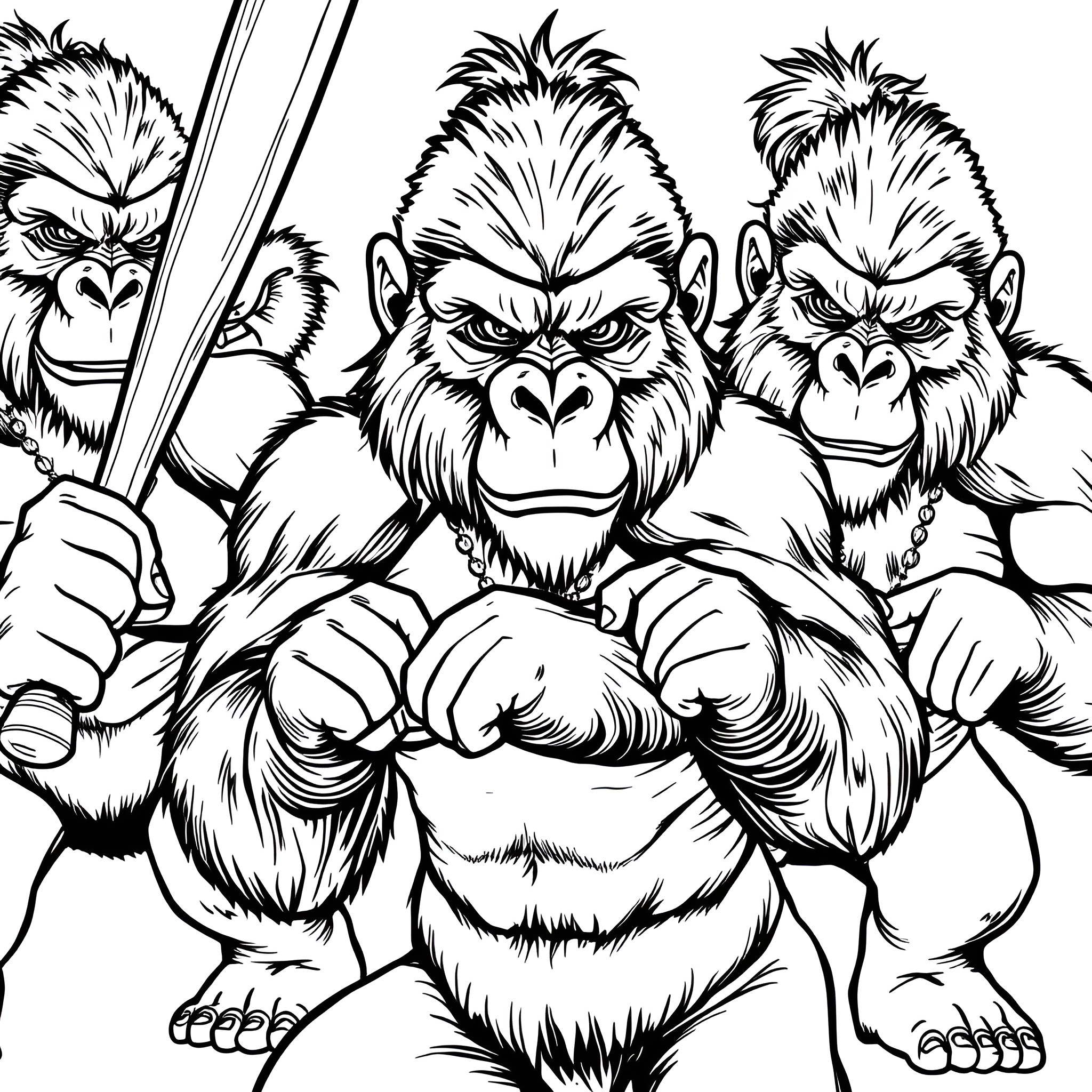 Gorilla warriors wielding swords in fierce battle Coloring Page (free black-and-white line drawing printable PDF for all, from beginners to advanced learners, including children, teens, adults, and seniors)