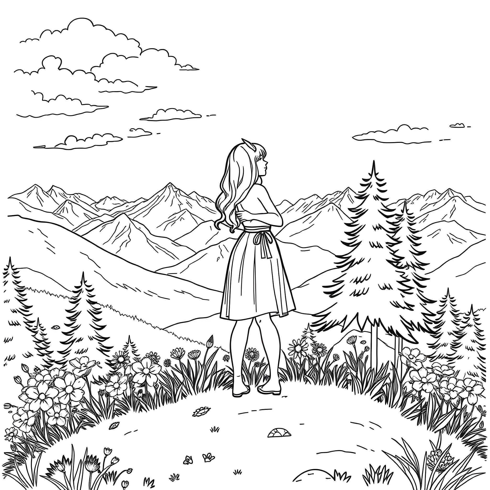 Masyn admiring the serene mountain landscape Coloring Page (free black-and-white line drawing printable PDF for all, from beginners to advanced learners, including children, teens, adults, and seniors)