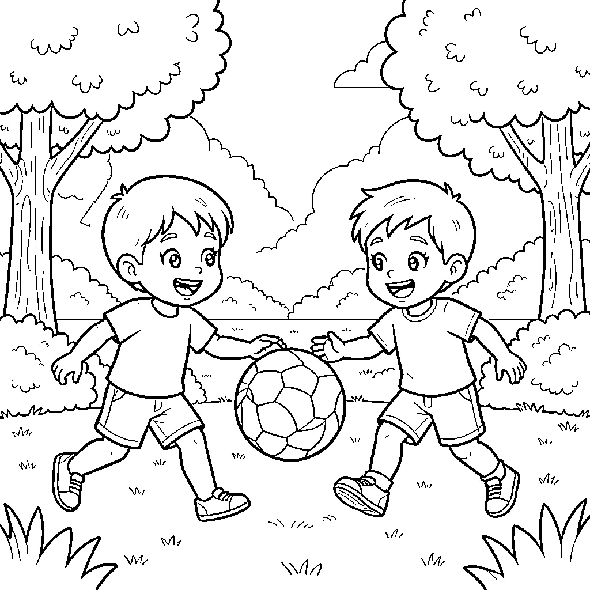 Children playing soccer in a forest Coloring Page (free black-and-white line drawing printable PDF for all, from beginners to advanced learners, including children, teens, adults, and seniors)