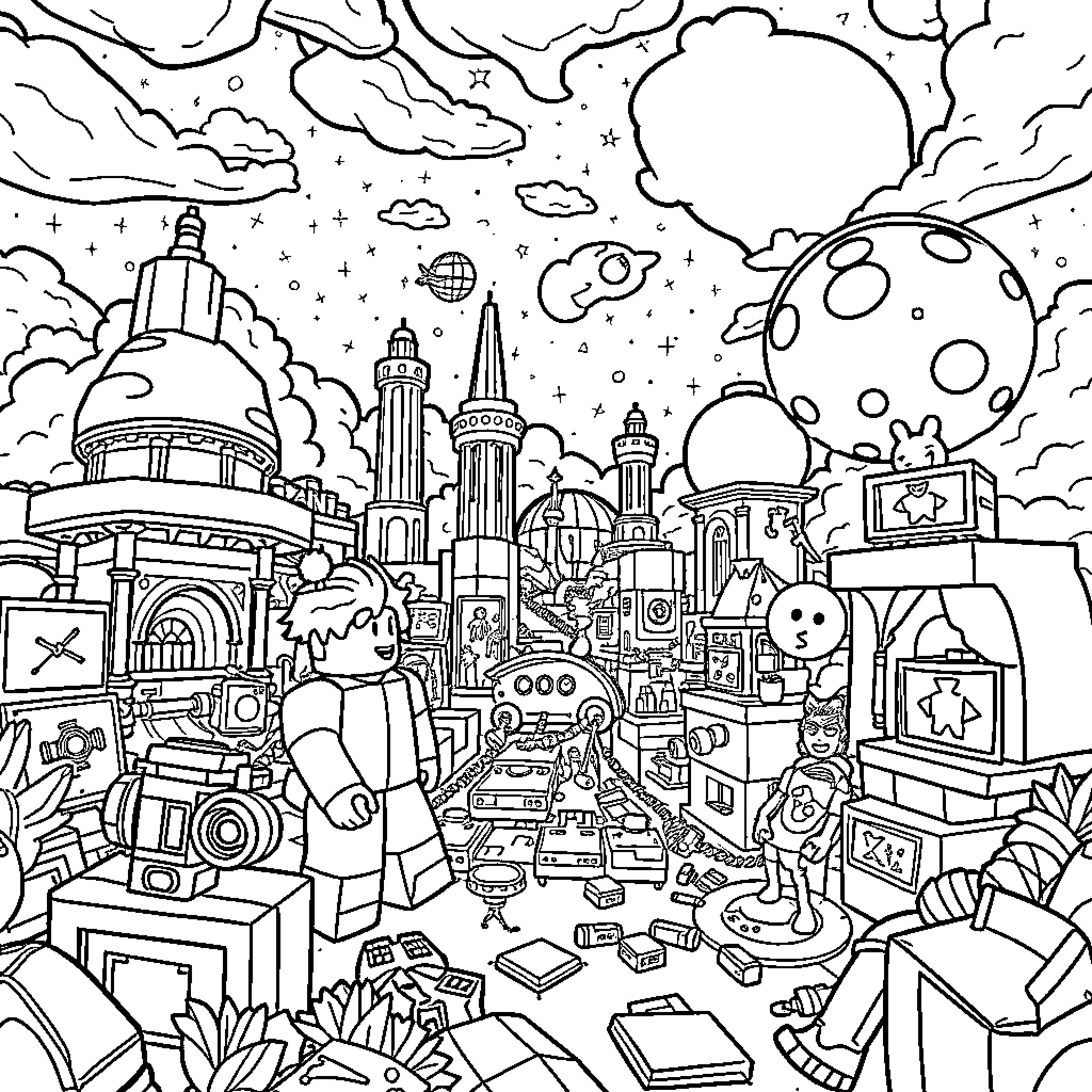Roblox Fantastical Cityscape with Characters and Structures Coloring Page (free black-and-white line drawing printable PDF for all, from beginners to advanced learners, including children, teens, adults, and seniors)