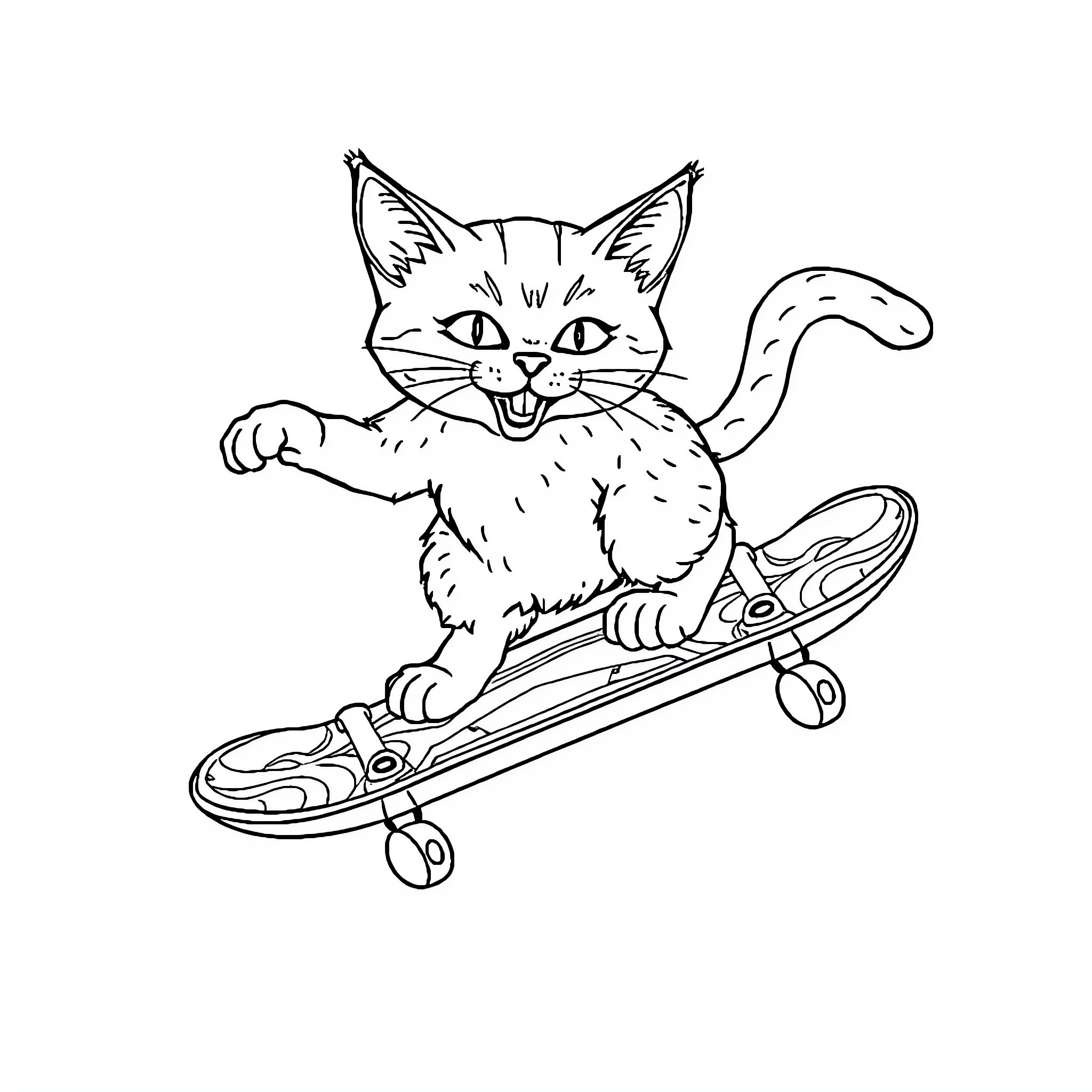 Cat riding a skateboard with excitement Coloring Page (free black-and-white line drawing printable PDF for all, from beginners to advanced learners, including children, teens, adults, and seniors)
