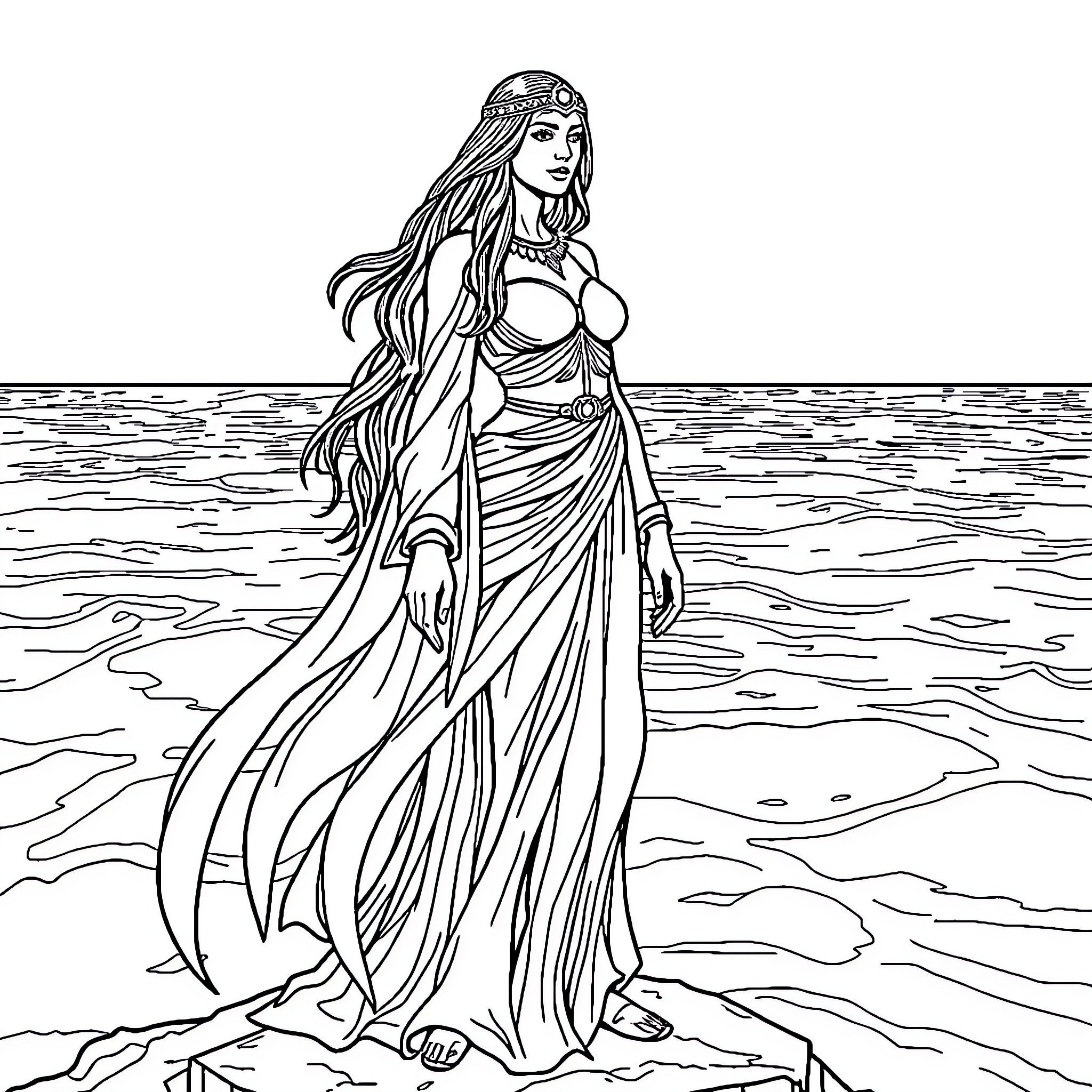 Priestess of the Sea in Flowing Robes Coloring Page (free black-and-white line drawing printable PDF for all, from beginners to advanced learners, including children, teens, adults, and seniors)