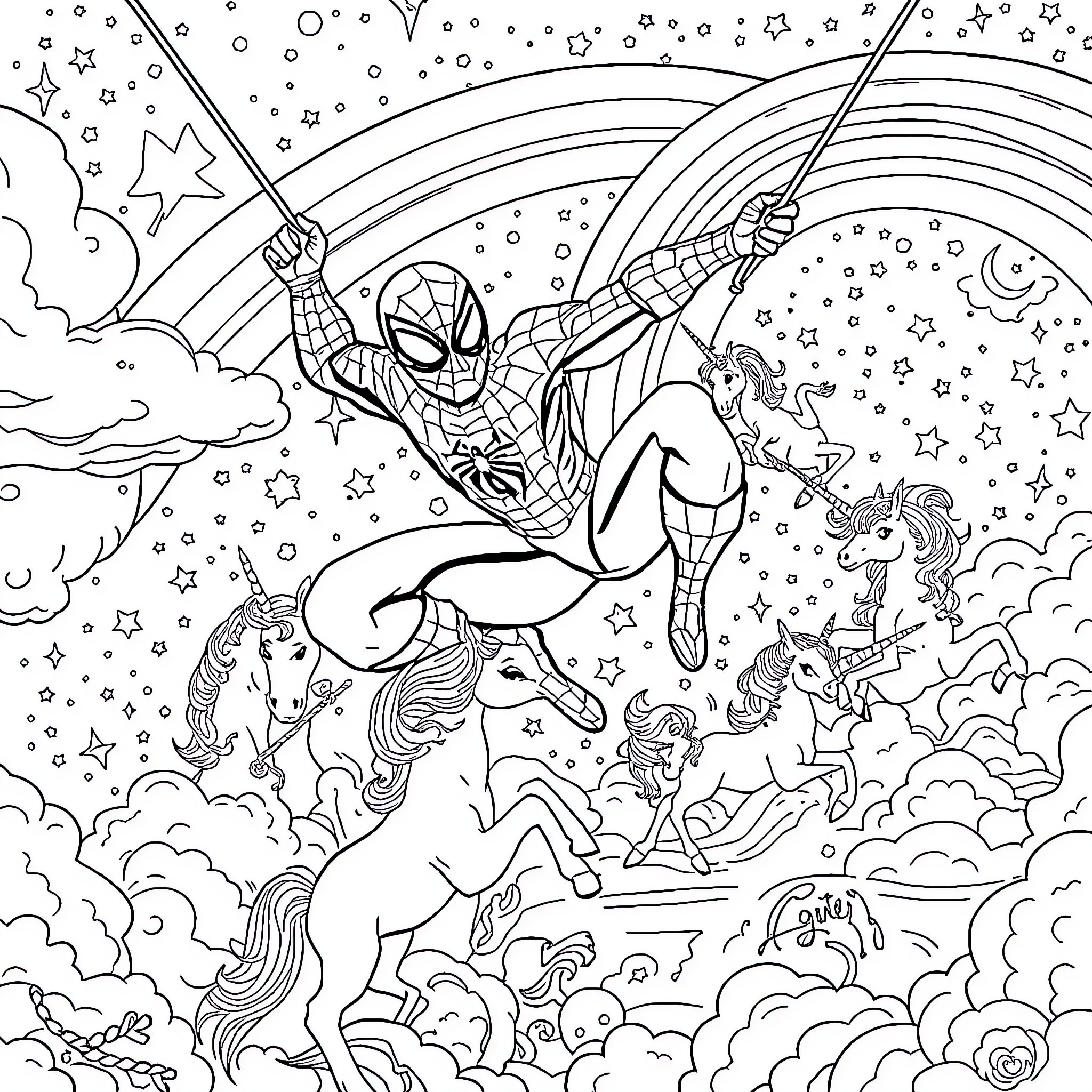 Spiderman swinging through a magical sky with unicorns Coloring Page (free black-and-white line drawing printable PDF for all, from beginners to advanced learners, including children, teens, adults, and seniors)