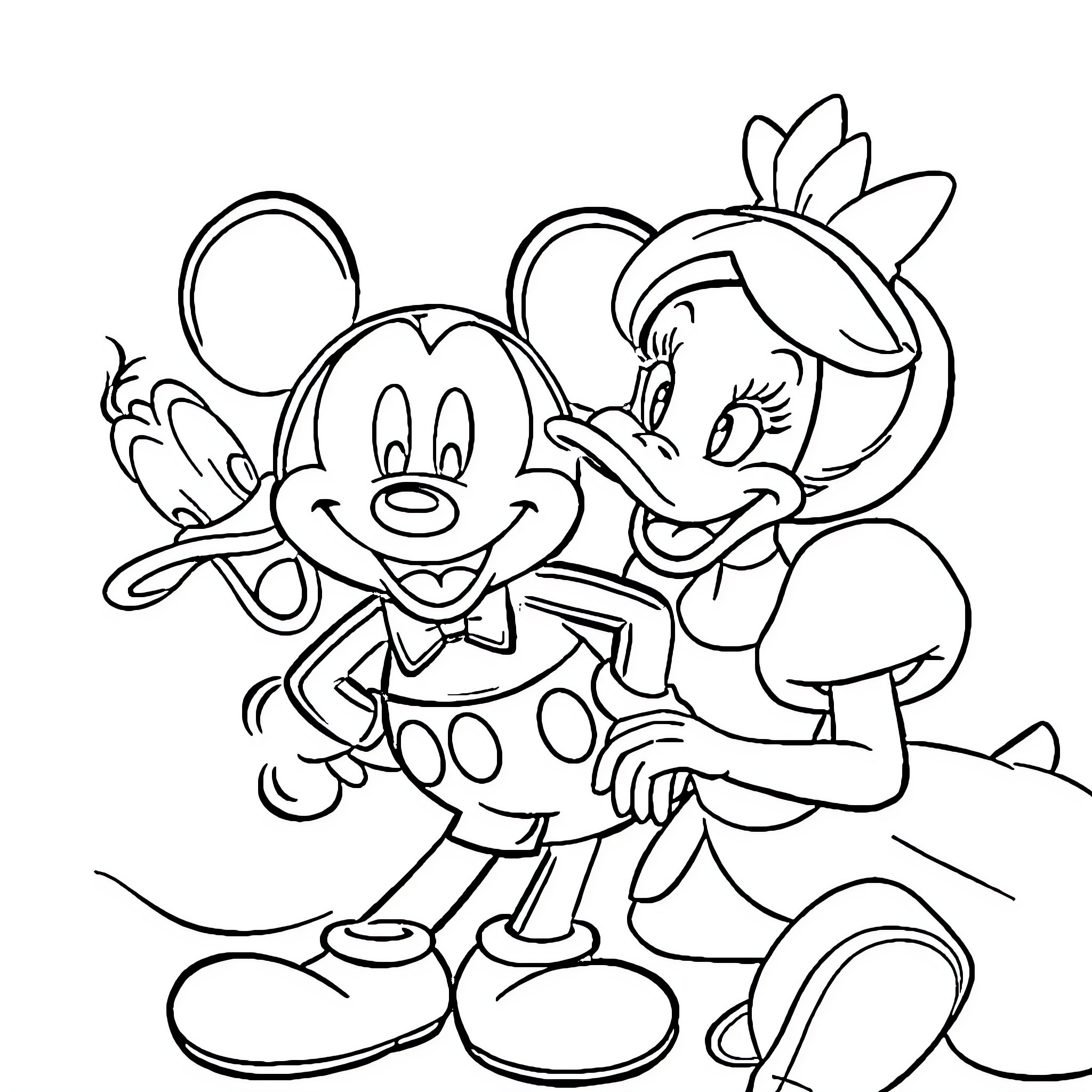 Disney Characters Embracing Playfully Coloring Page (free black-and-white line drawing printable PDF for all, from beginners to advanced learners, including children, teens, adults, and seniors)