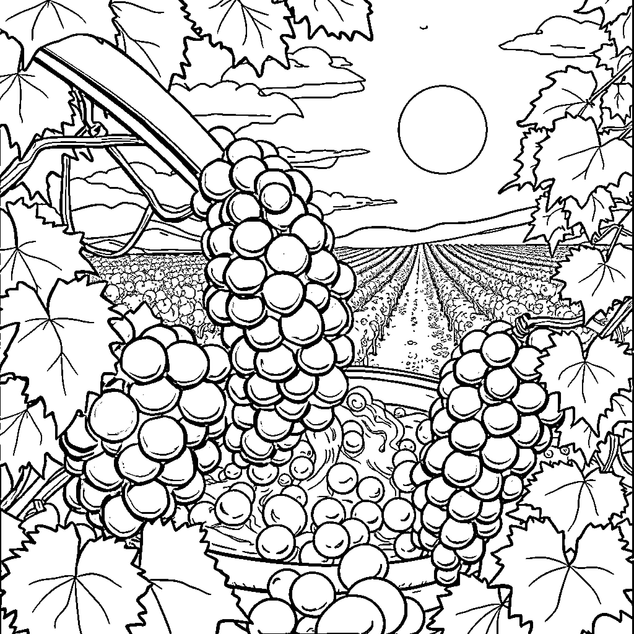 Grape Harvest in the Countryside Coloring Page (free black-and-white line drawing printable PDF for all, from beginners to advanced learners, including children, teens, adults, and seniors)