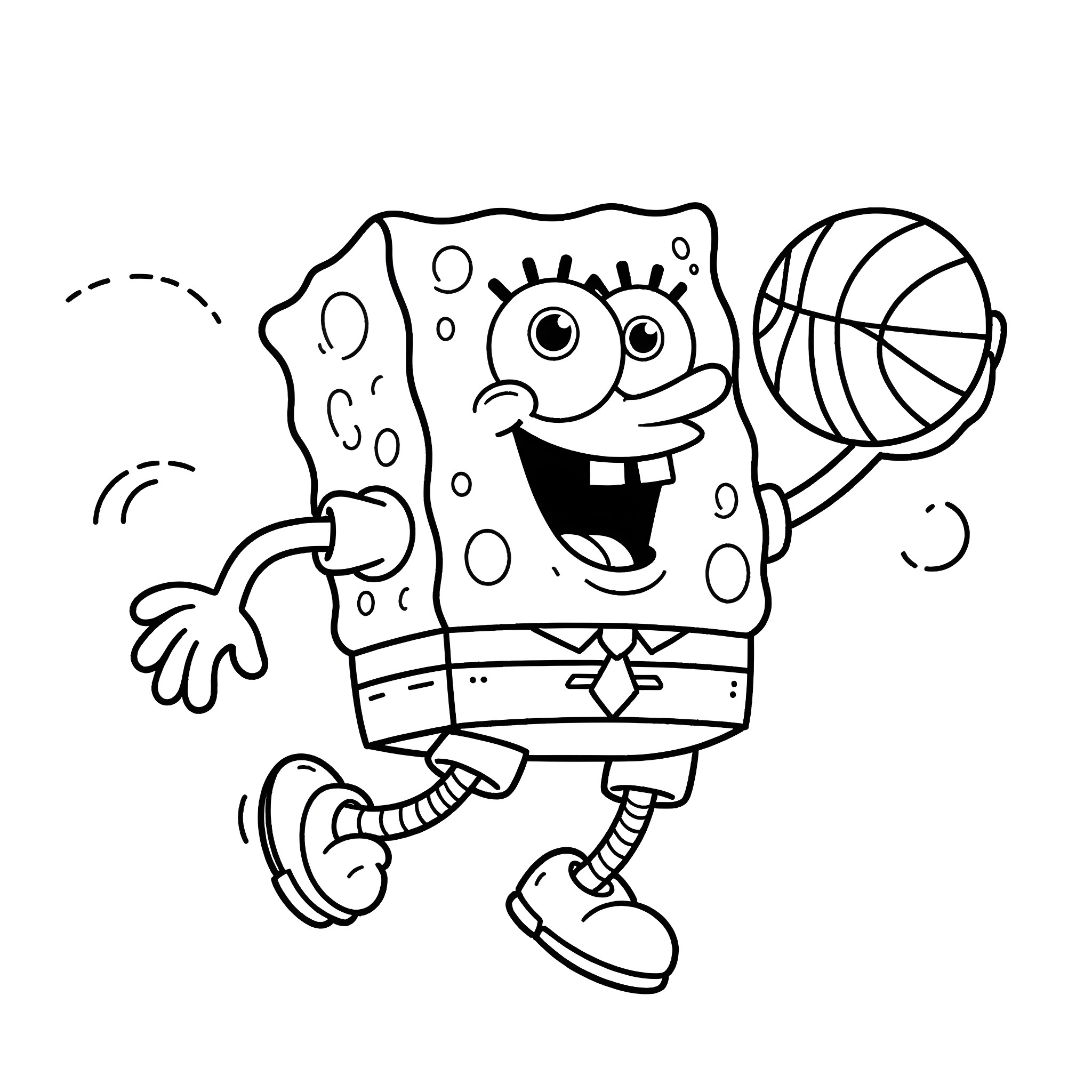 Spongebob playing with a basketball excitedly Coloring Page (free black-and-white line drawing printable PDF for all, from beginners to advanced learners, including children, teens, adults, and seniors)