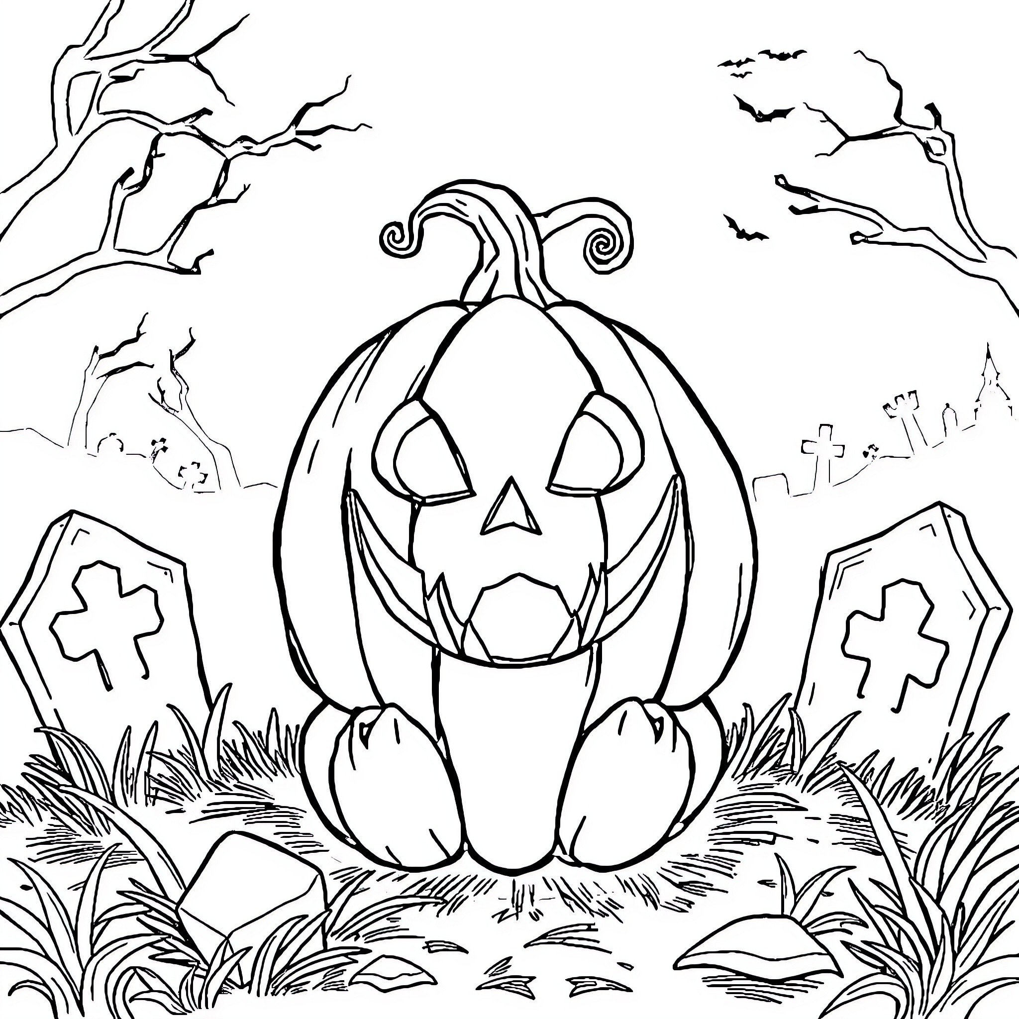 Pumpkin Jack-o'-lantern in spooky graveyard Coloring Page (free black-and-white line drawing printable PDF for all, from beginners to advanced learners, including children, teens, adults, and seniors)