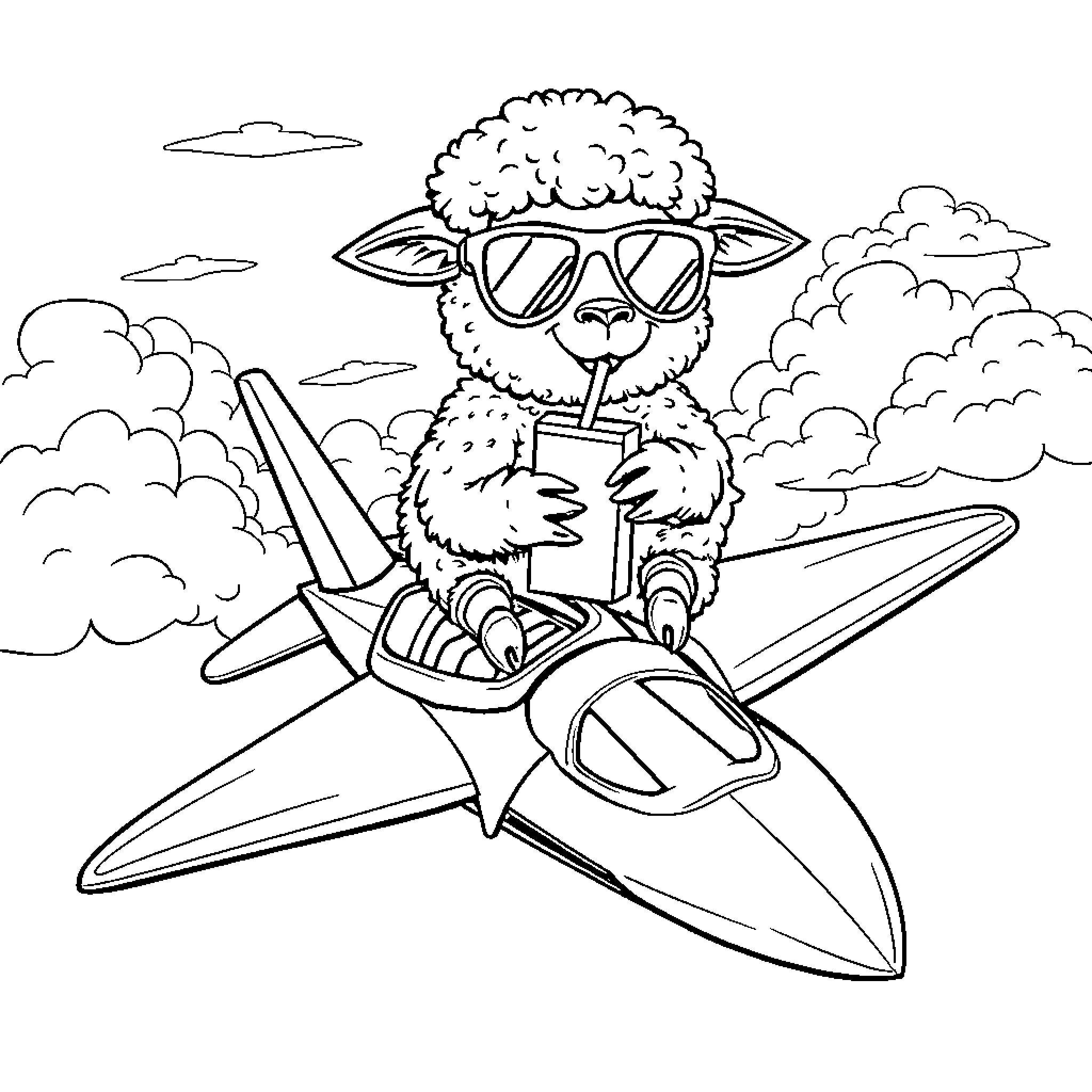 Sheep riding a jet plane in the sky Coloring Page (free black-and-white line drawing printable PDF for all, from beginners to advanced learners, including children, teens, adults, and seniors)
