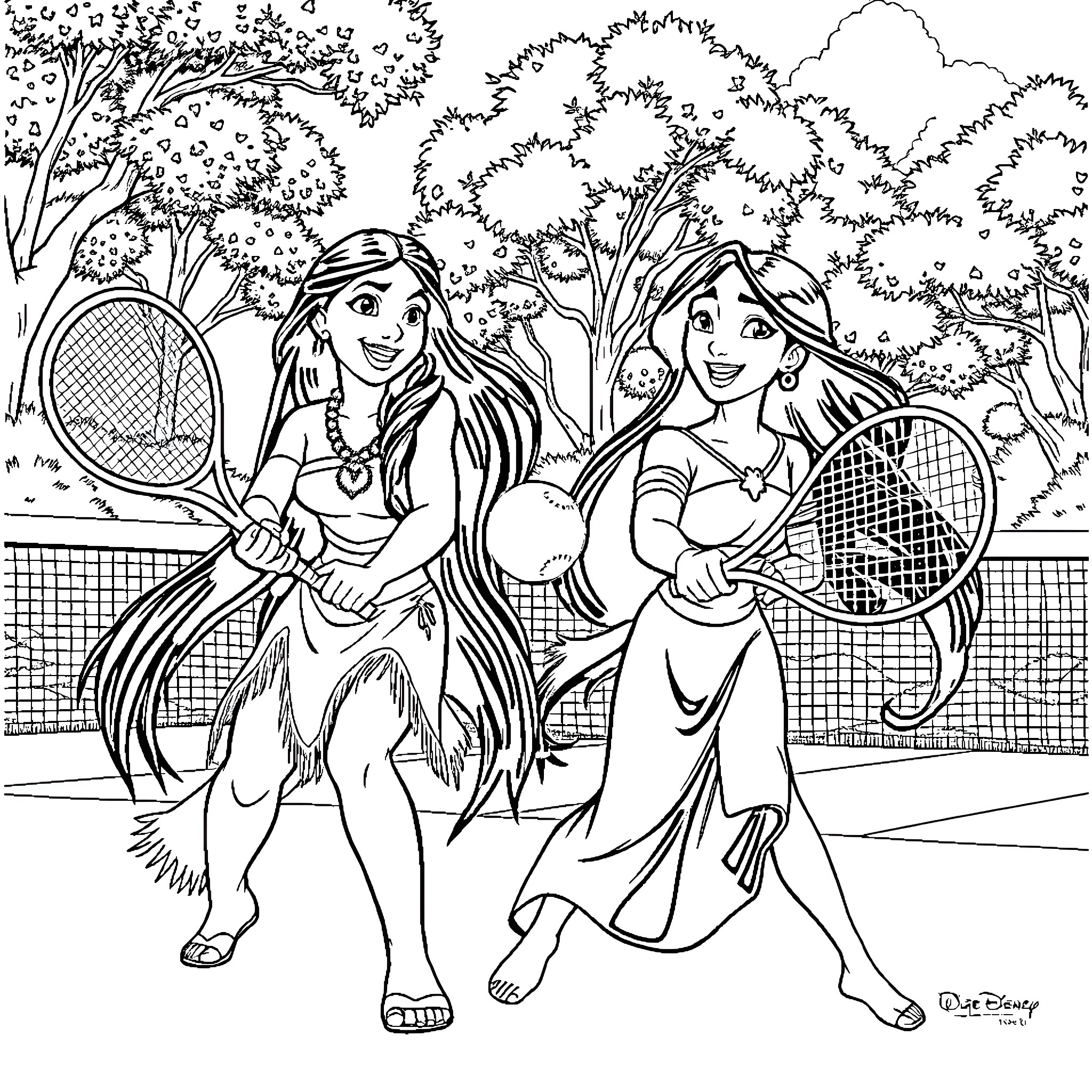 Pocahontas and friend playing tennis on the court Coloring Page (free black-and-white line drawing printable PDF for all, from beginners to advanced learners, including children, teens, adults, and seniors)