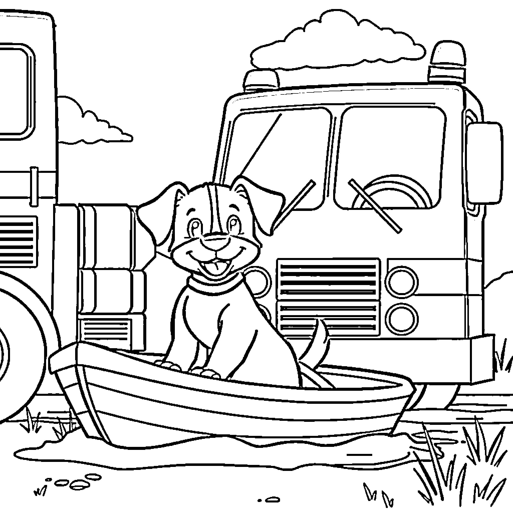 Dog riding boat near fire truck Coloring Page (free black-and-white line drawing printable PDF for all, from beginners to advanced learners, including children, teens, adults, and seniors)