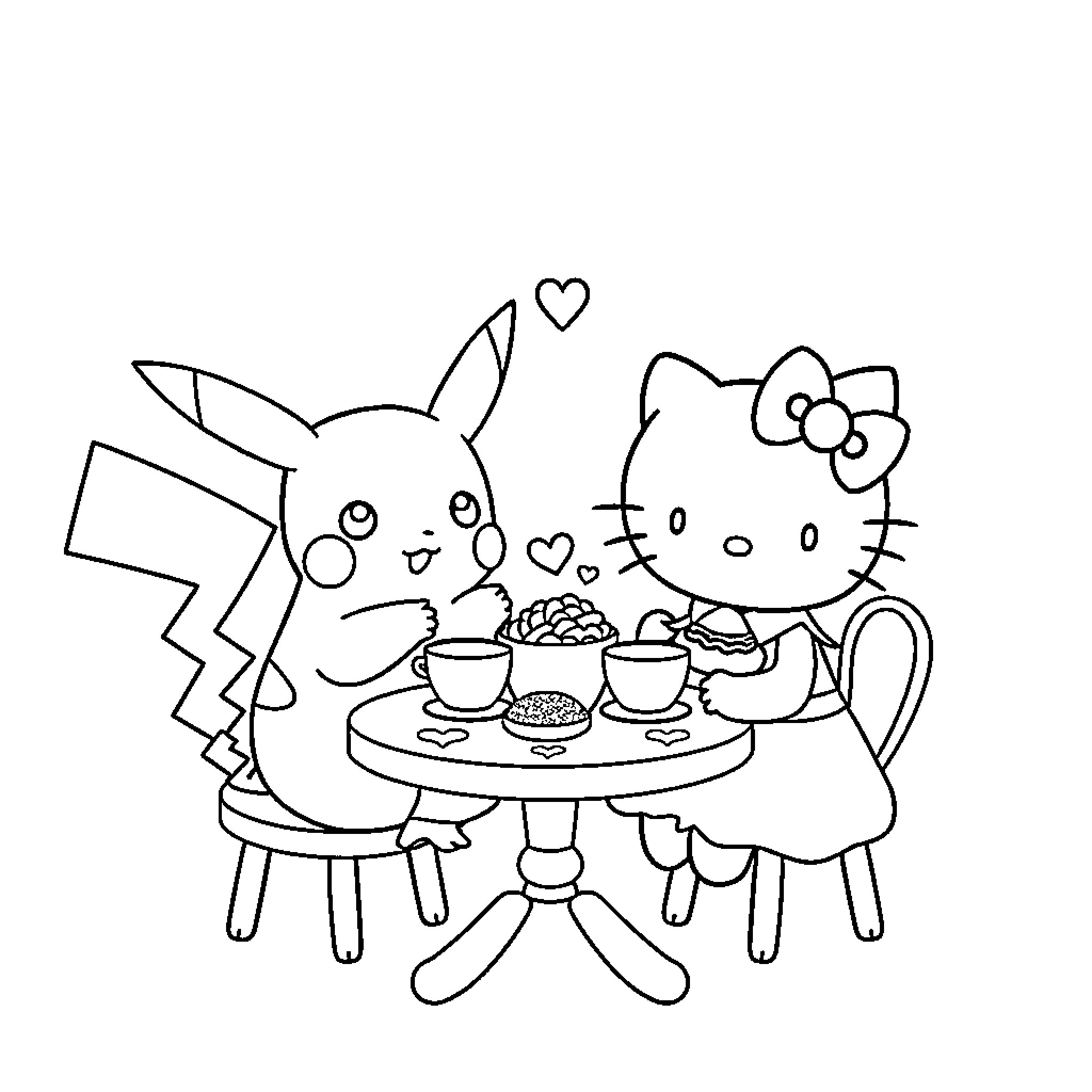 Pikachu and Hello Kitty enjoying a tea party Coloring Page (free black-and-white line drawing printable PDF for all, from beginners to advanced learners, including children, teens, adults, and seniors)