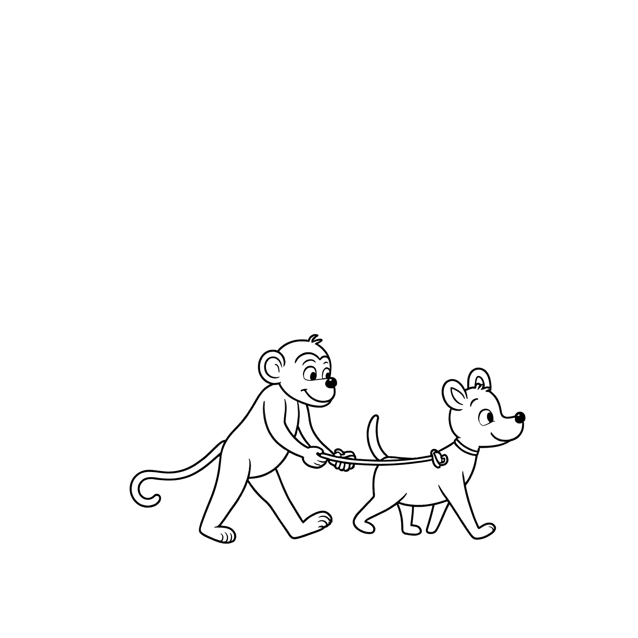 Monkey and dog playing together Coloring Page (free black-and-white line drawing printable PDF for all, from beginners to advanced learners, including children, teens, adults, and seniors)