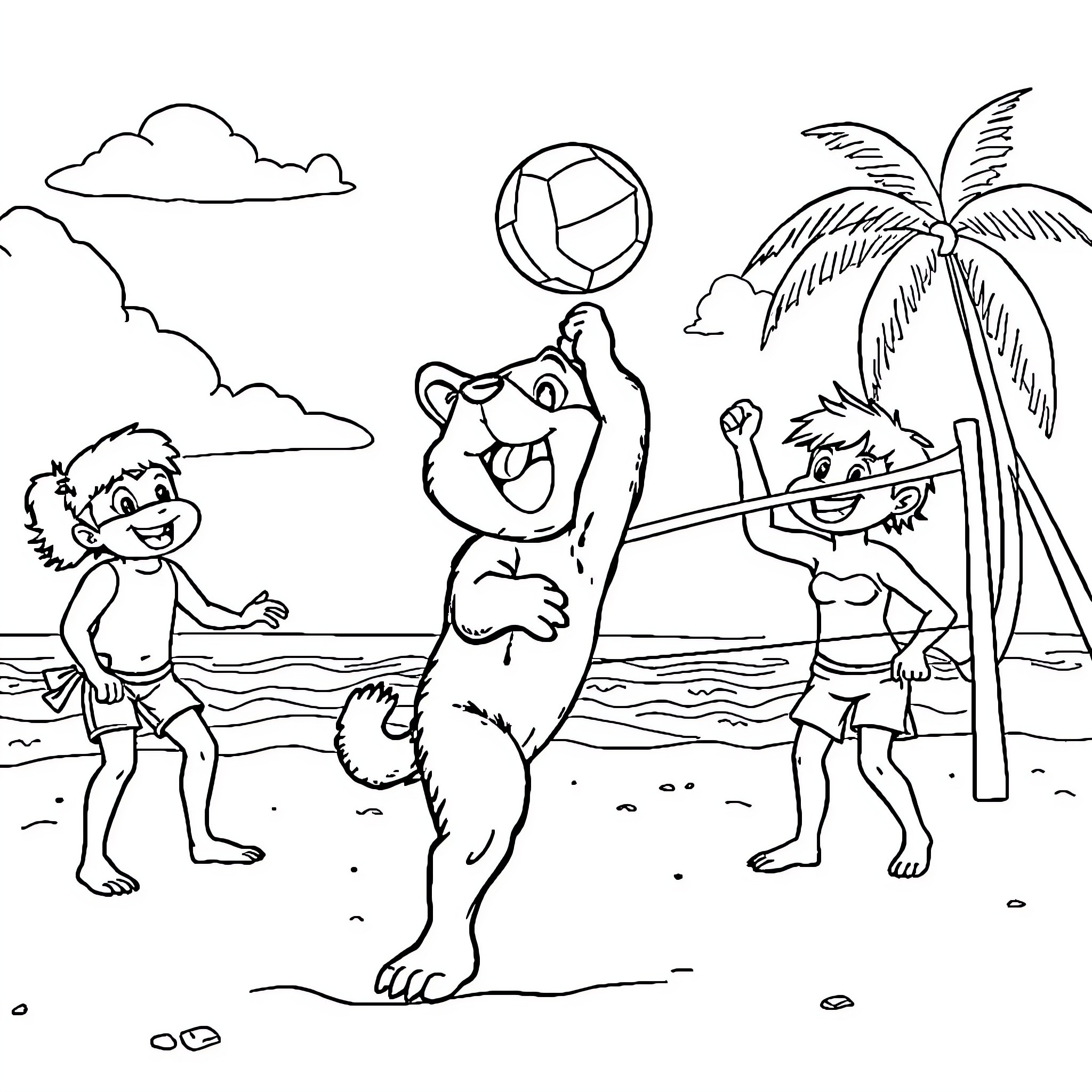 Labubu playing beach volleyball with friends Coloring Page (free black-and-white line drawing printable PDF for all, from beginners to advanced learners, including children, teens, adults, and seniors)