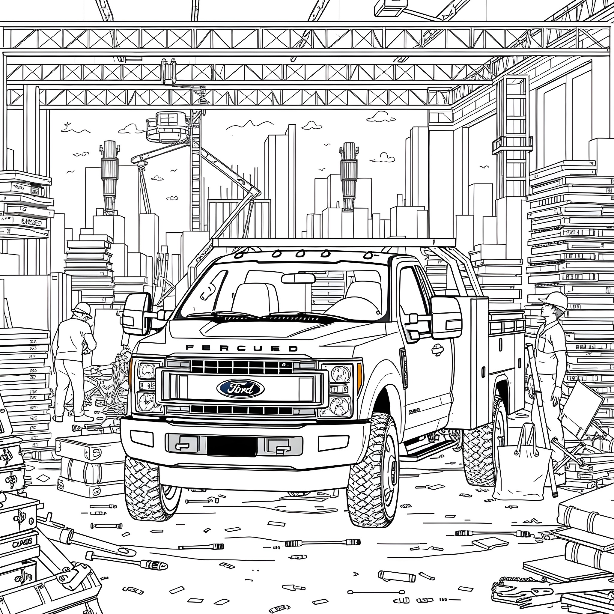 Pickup truck handling construction equipment on a job site Coloring Page (free black-and-white line drawing printable PDF for all, from beginners to advanced learners, including children, teens, adults, and seniors)