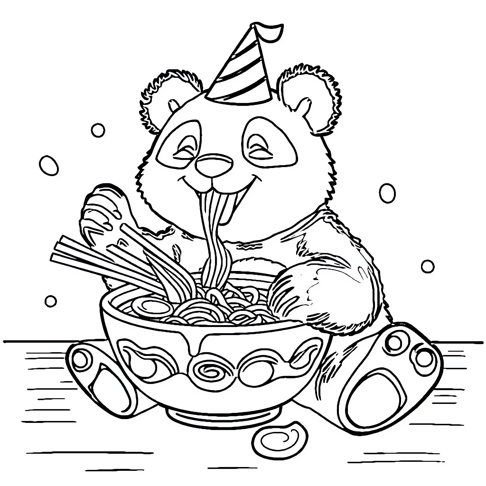 Panda Enjoying a Festive Meal Coloring Page (free black-and-white line drawing printable PDF for all, from beginners to advanced learners, including children, teens, adults, and seniors)