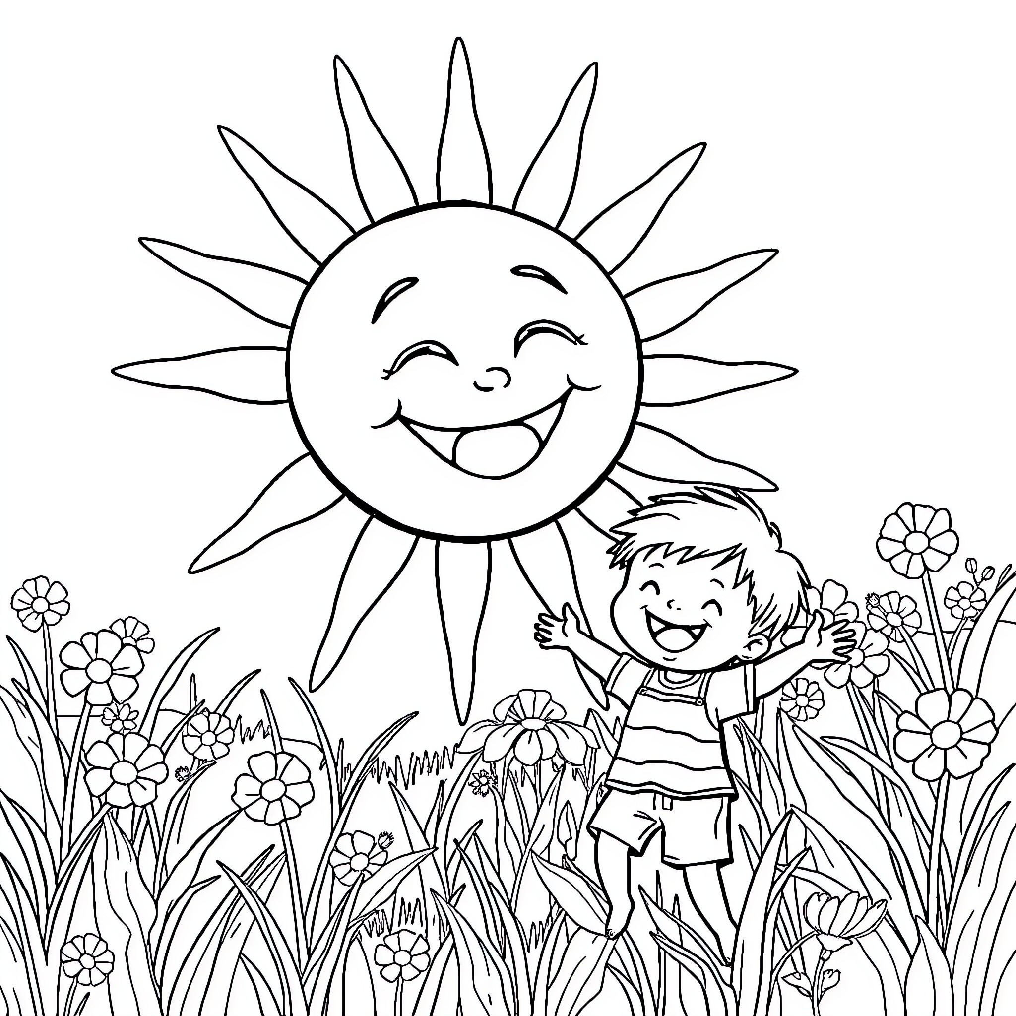 Sun smiling and child playing in the garden Coloring Page (free black-and-white line drawing printable PDF for all, from beginners to advanced learners, including children, teens, adults, and seniors)