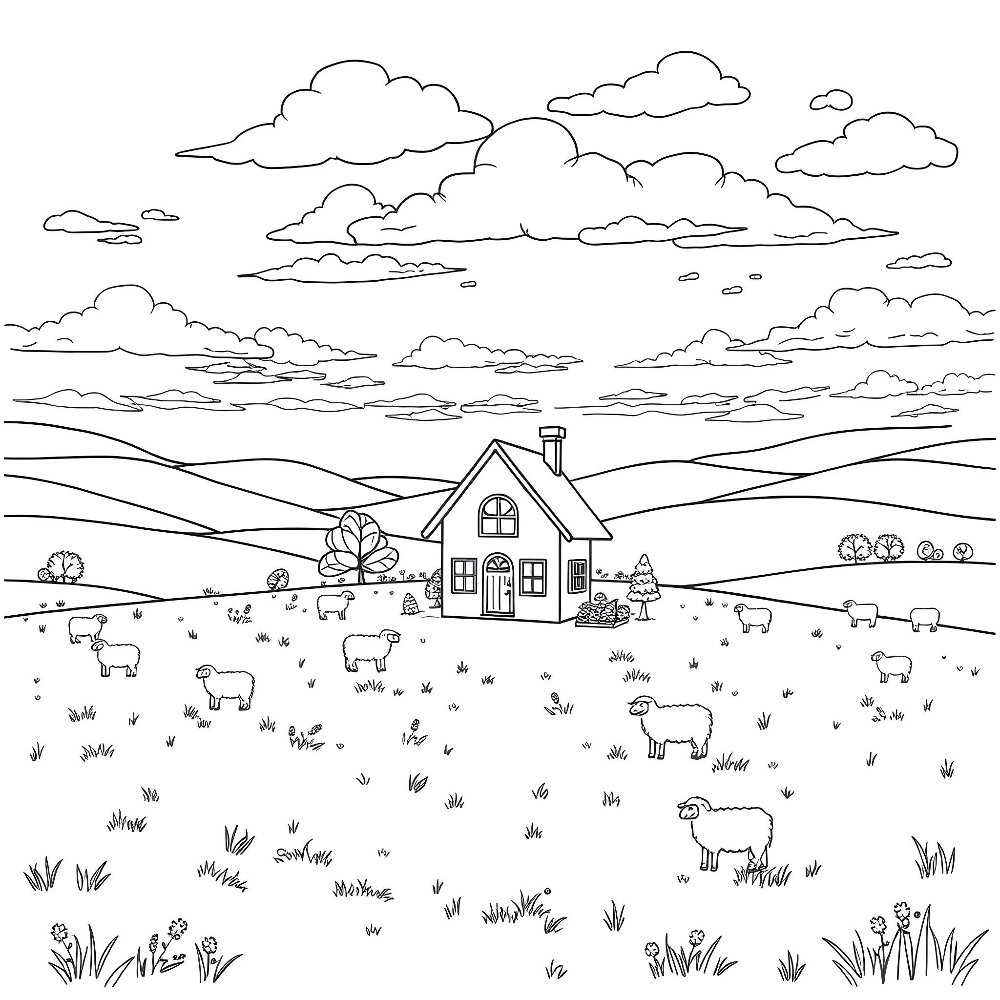 Dollhouse in a tranquil rural landscape Coloring Page (free black-and-white line drawing printable PDF for all, from beginners to advanced learners, including children, teens, adults, and seniors)