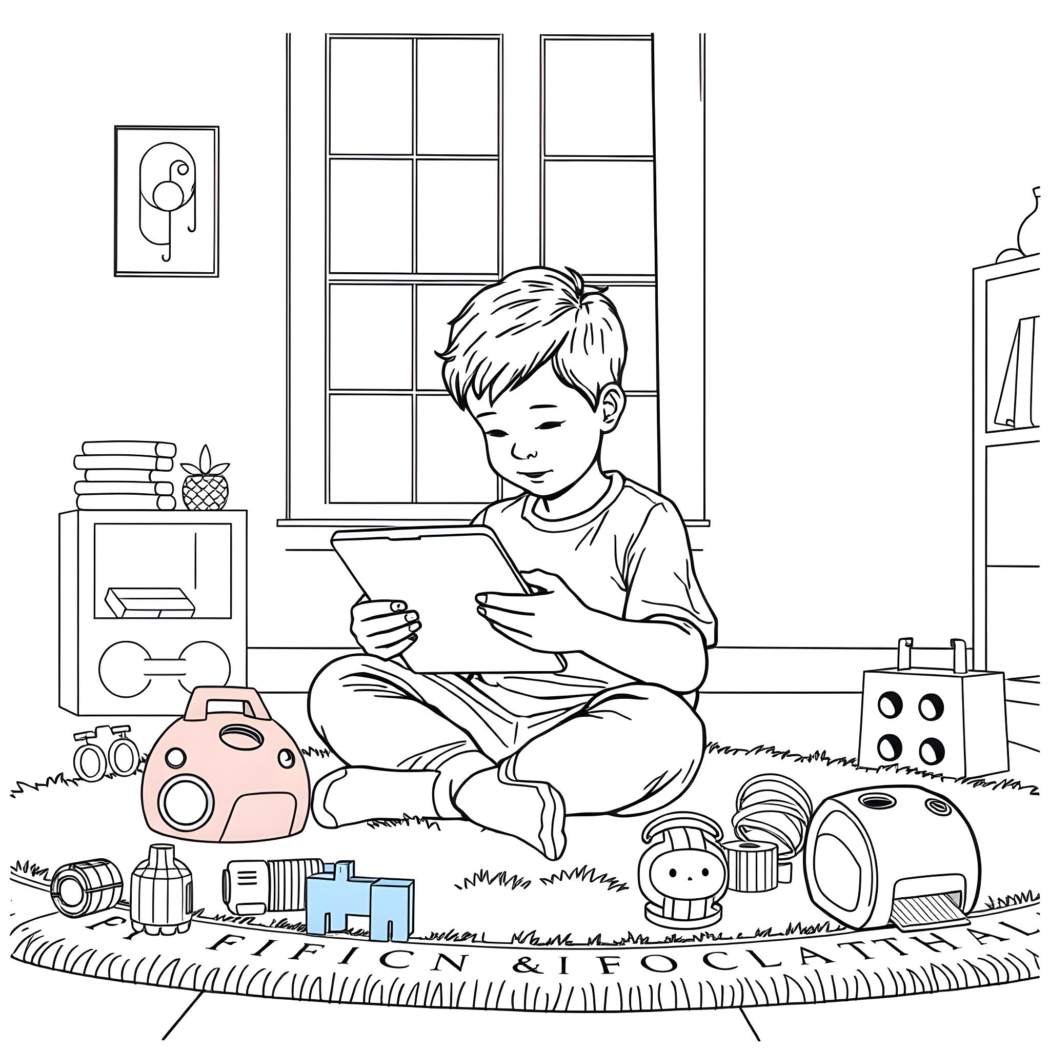 Boy playing with digital tablet in cozy room Coloring Page (free black-and-white line drawing printable PDF for all, from beginners to advanced learners, including children, teens, adults, and seniors)