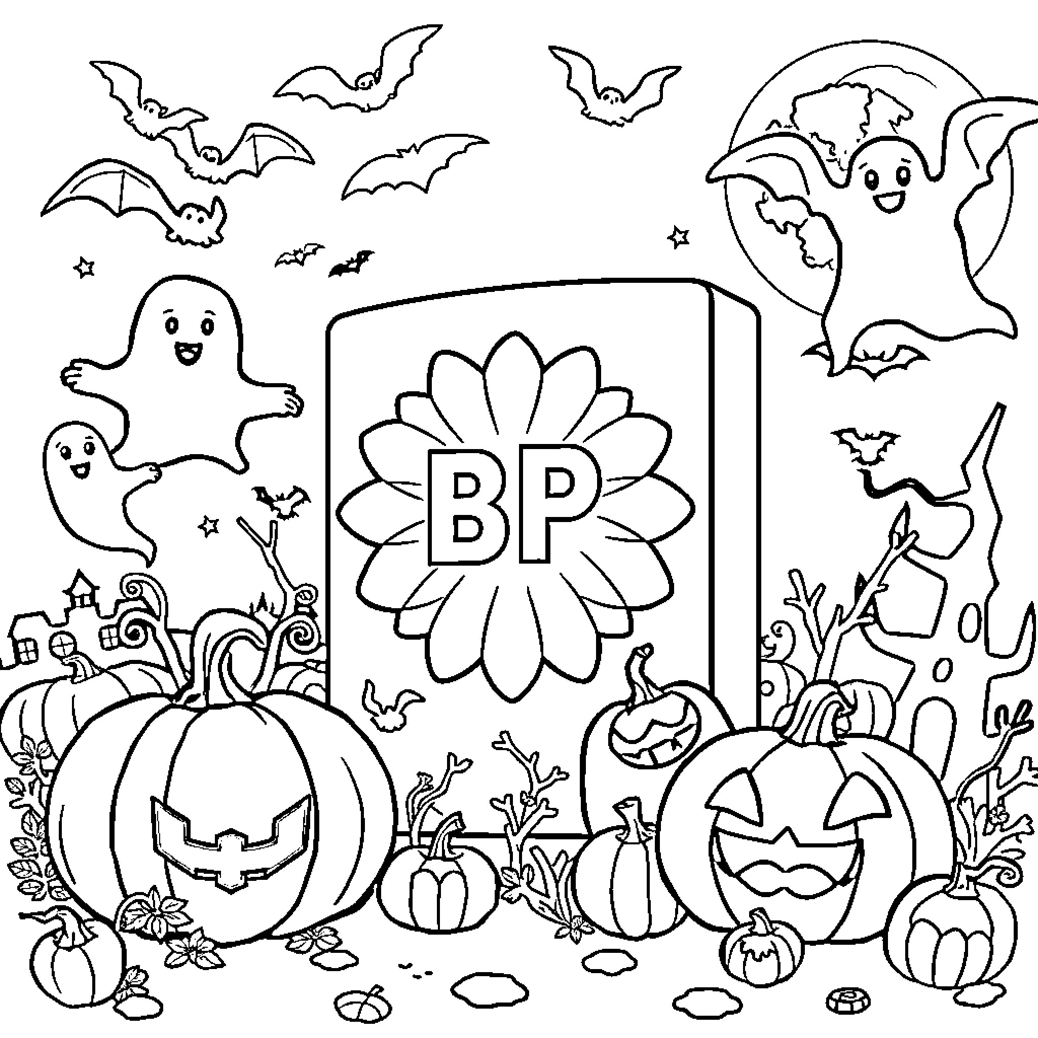 Pumpkins, ghosts, and bats decorating a Halloween scene Coloring Page (free black-and-white line drawing printable PDF for all, from beginners to advanced learners, including children, teens, adults, and seniors)