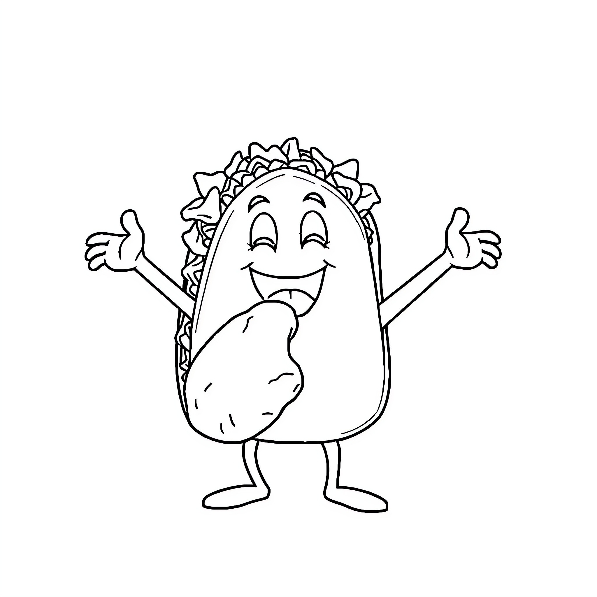 Taco character happily expressing Coloring Page (free black-and-white line drawing printable PDF for all, from beginners to advanced learners, including children, teens, adults, and seniors)