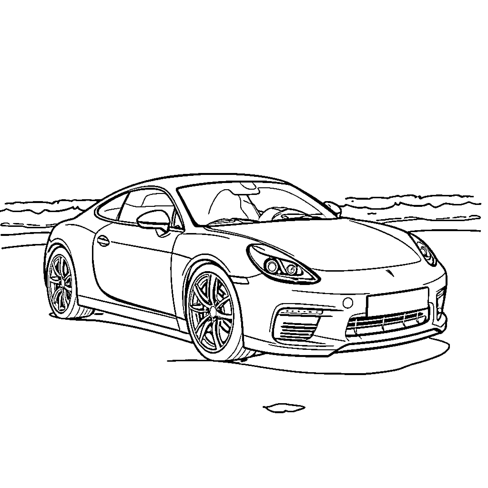 Car speeding on the open road Coloring Page (free black-and-white line drawing printable PDF for all, from beginners to advanced learners, including children, teens, adults, and seniors)