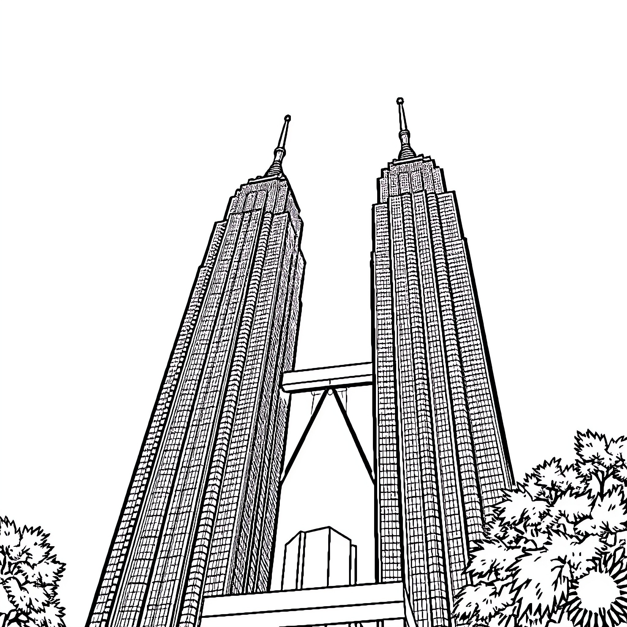Twin Towers reaching towards the sky Coloring Page (free black-and-white line drawing printable PDF for all, from beginners to advanced learners, including children, teens, adults, and seniors)
