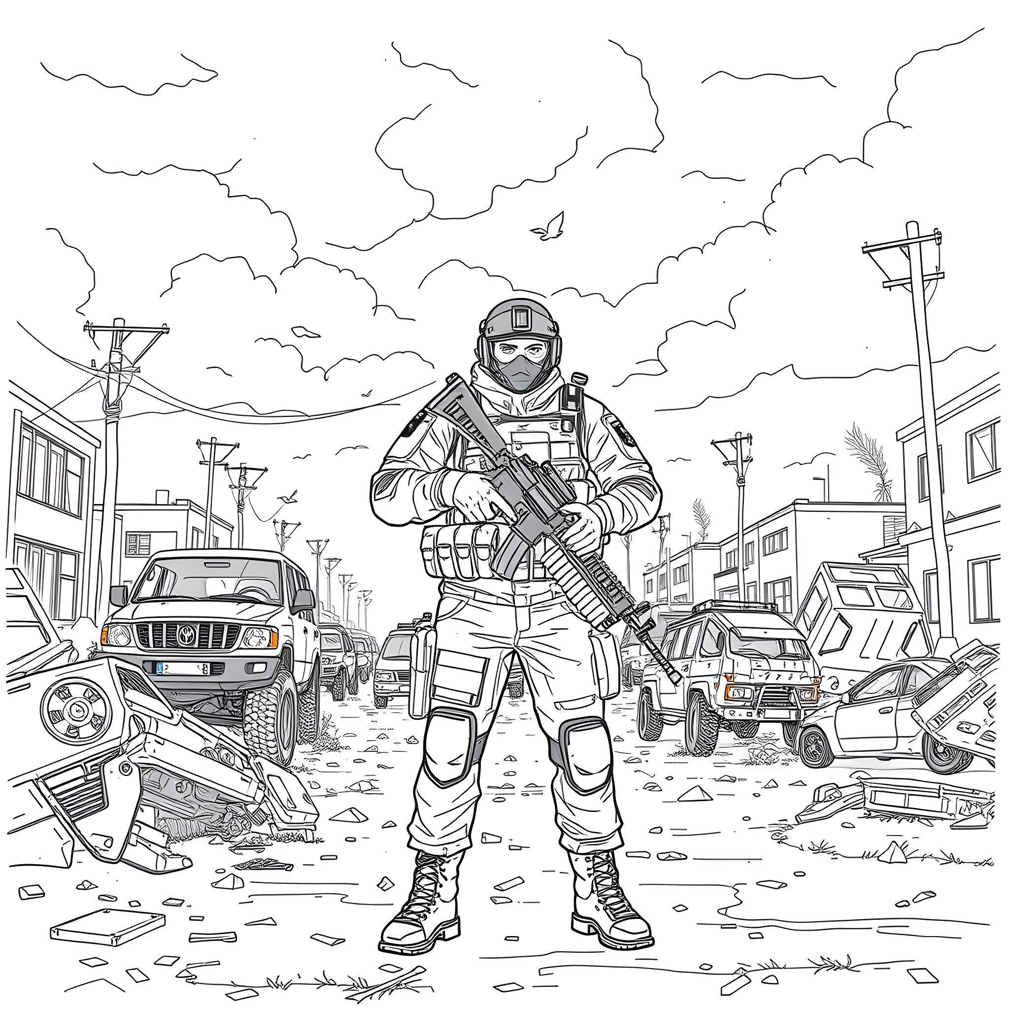 PMC Soldier in Destroyed Urban Environment Coloring Page (free black-and-white line drawing printable PDF for all, from beginners to advanced learners, including children, teens, adults, and seniors)