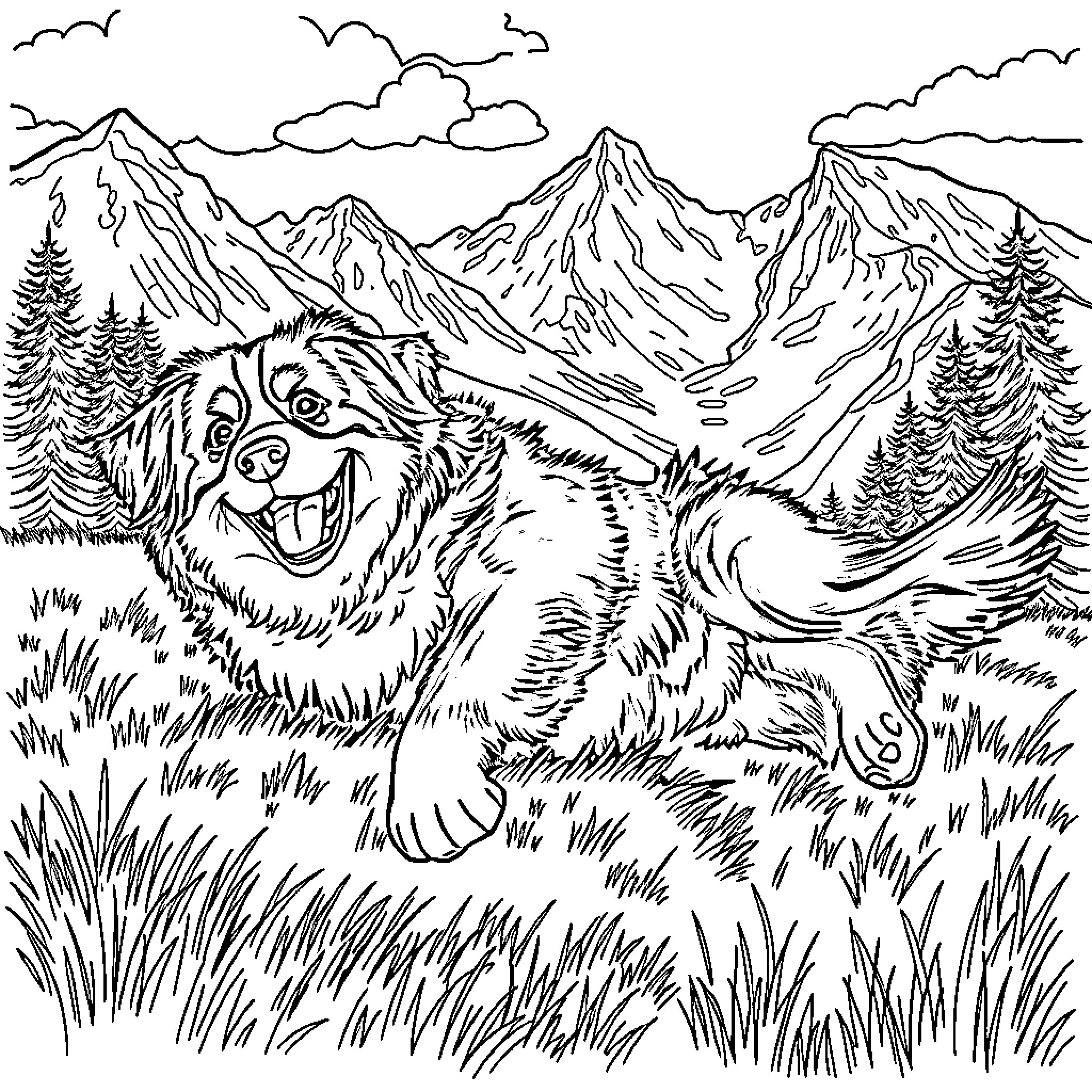 Bernese Mountain Dog playing in the mountains Coloring Page (free black-and-white line drawing printable PDF for all, from beginners to advanced learners, including children, teens, adults, and seniors)