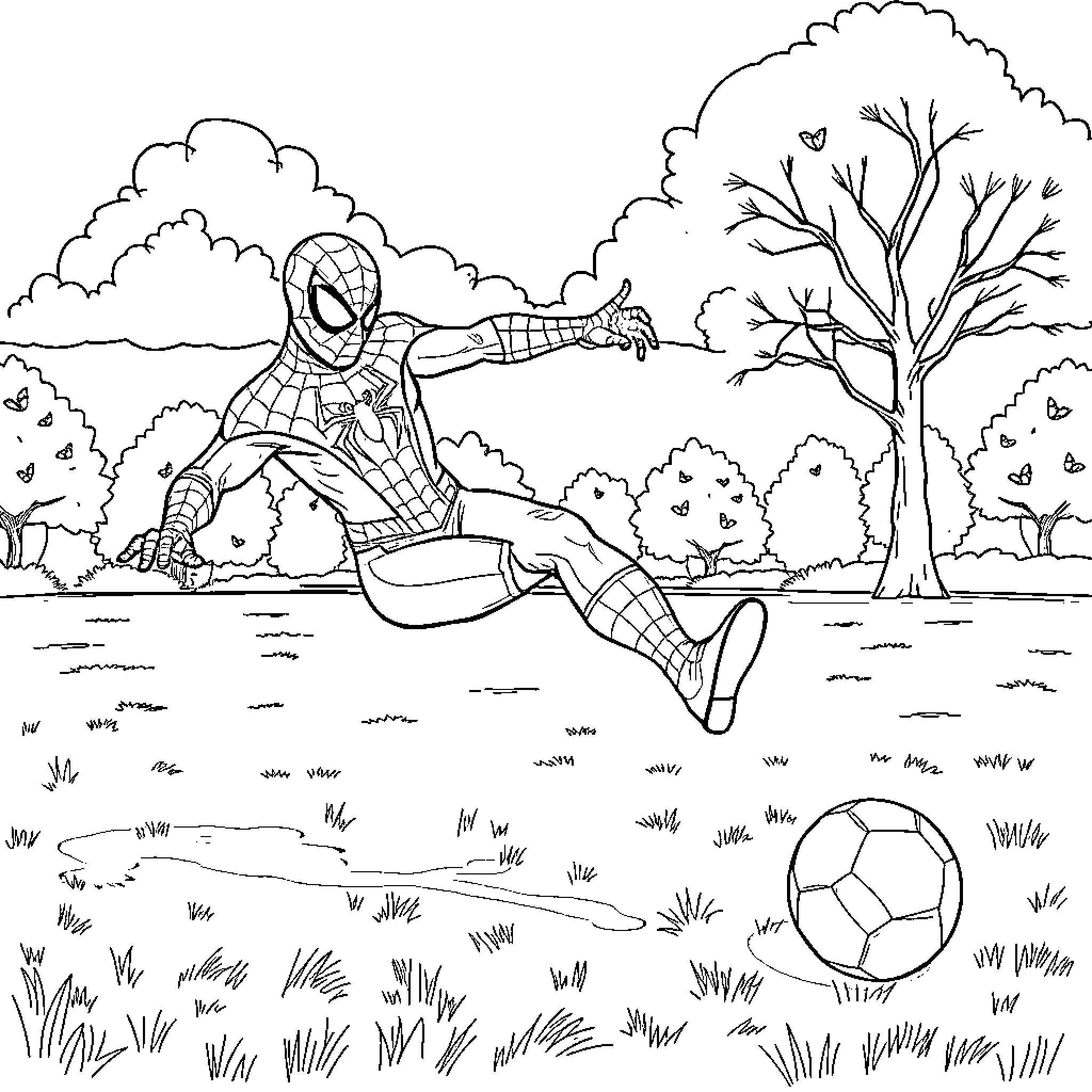 Spiderman swinging and playing with a soccer ball Coloring Page (free black-and-white line drawing printable PDF for all, from beginners to advanced learners, including children, teens, adults, and seniors)