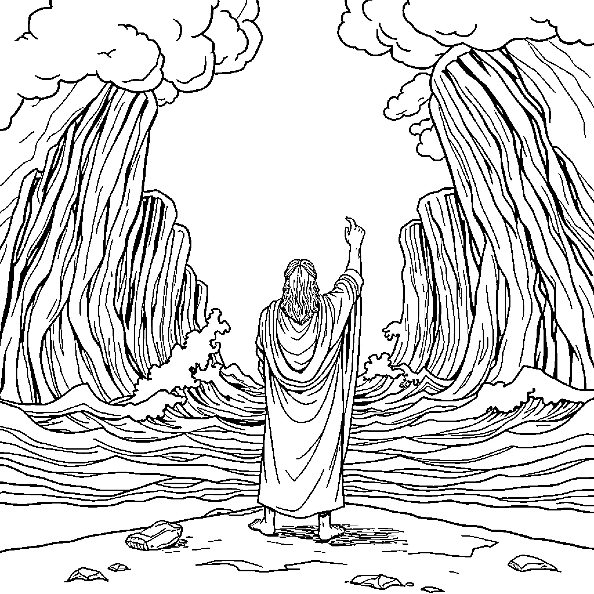 Moses parts the Red Sea with divine power Coloring Page (free black-and-white line drawing printable PDF for all, from beginners to advanced learners, including children, teens, adults, and seniors)