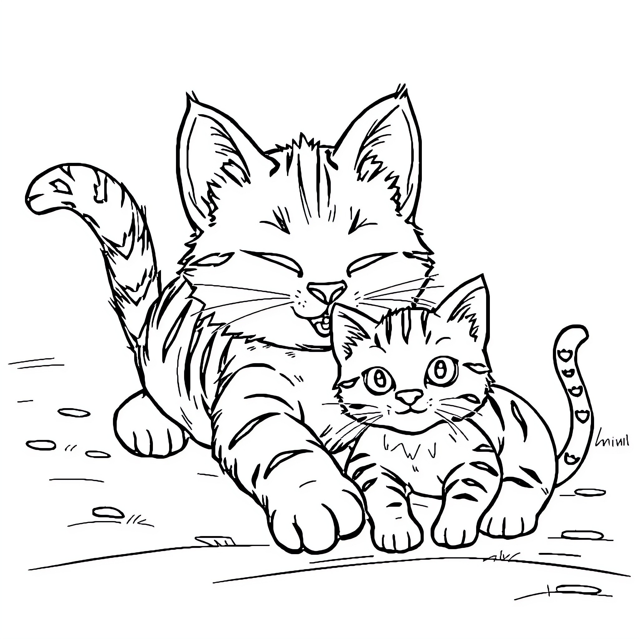 Kitty Pair Playing Playfully on the Ground Coloring Page (free black-and-white line drawing printable PDF for all, from beginners to advanced learners, including children, teens, adults, and seniors)
