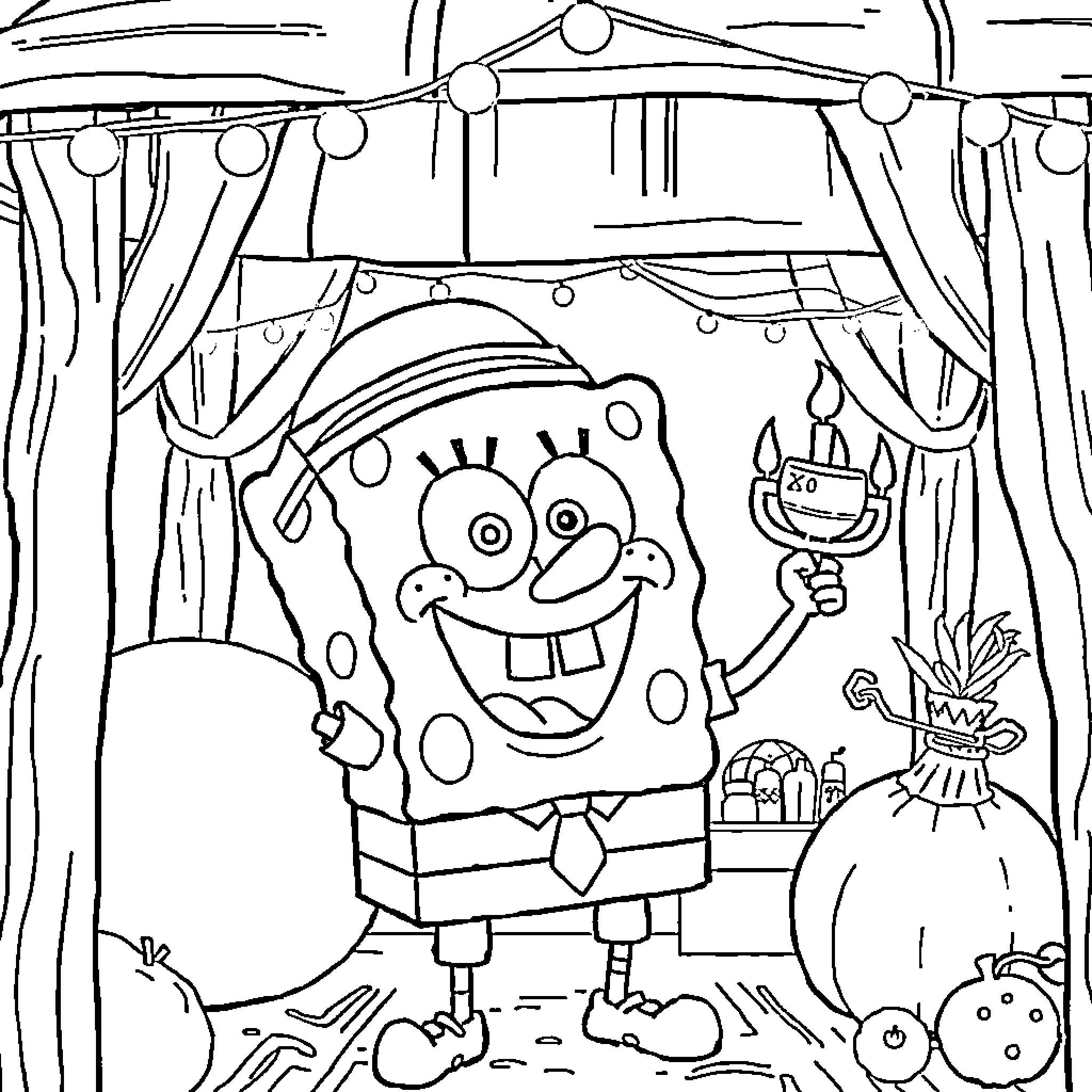 Spongebob's Theatrical Performance Coloring Page (free black-and-white line drawing printable PDF for all, from beginners to advanced learners, including children, teens, adults, and seniors)