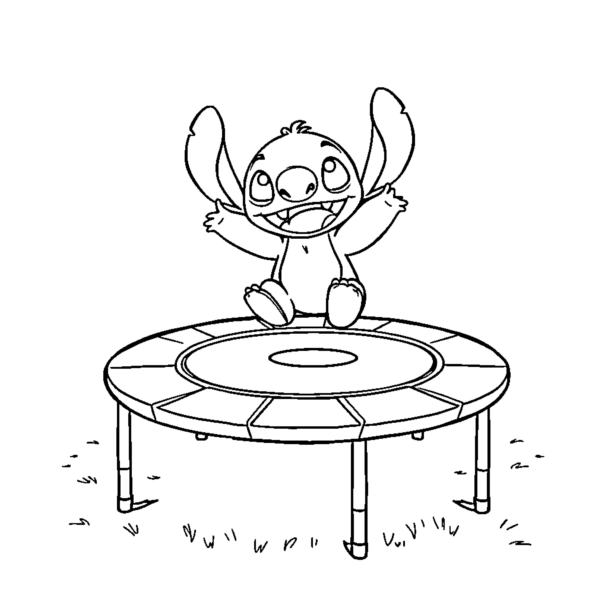 Stitch bouncing joyfully on a trampoline Coloring Page (free black-and-white line drawing printable PDF for all, from beginners to advanced learners, including children, teens, adults, and seniors)