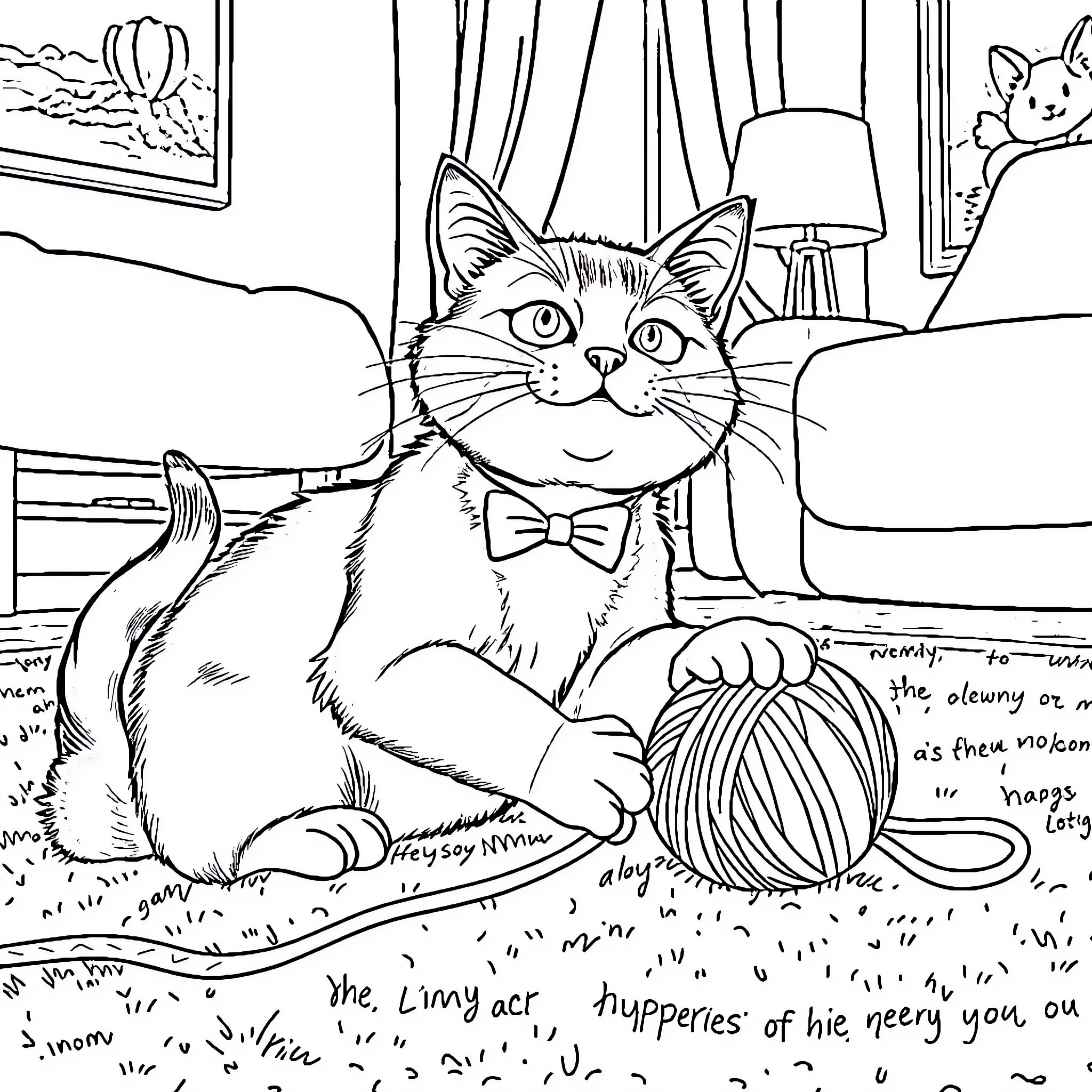 Cat playing with yarn in cozy home setting Coloring Page (free black-and-white line drawing printable PDF for all, from beginners to advanced learners, including children, teens, adults, and seniors)
