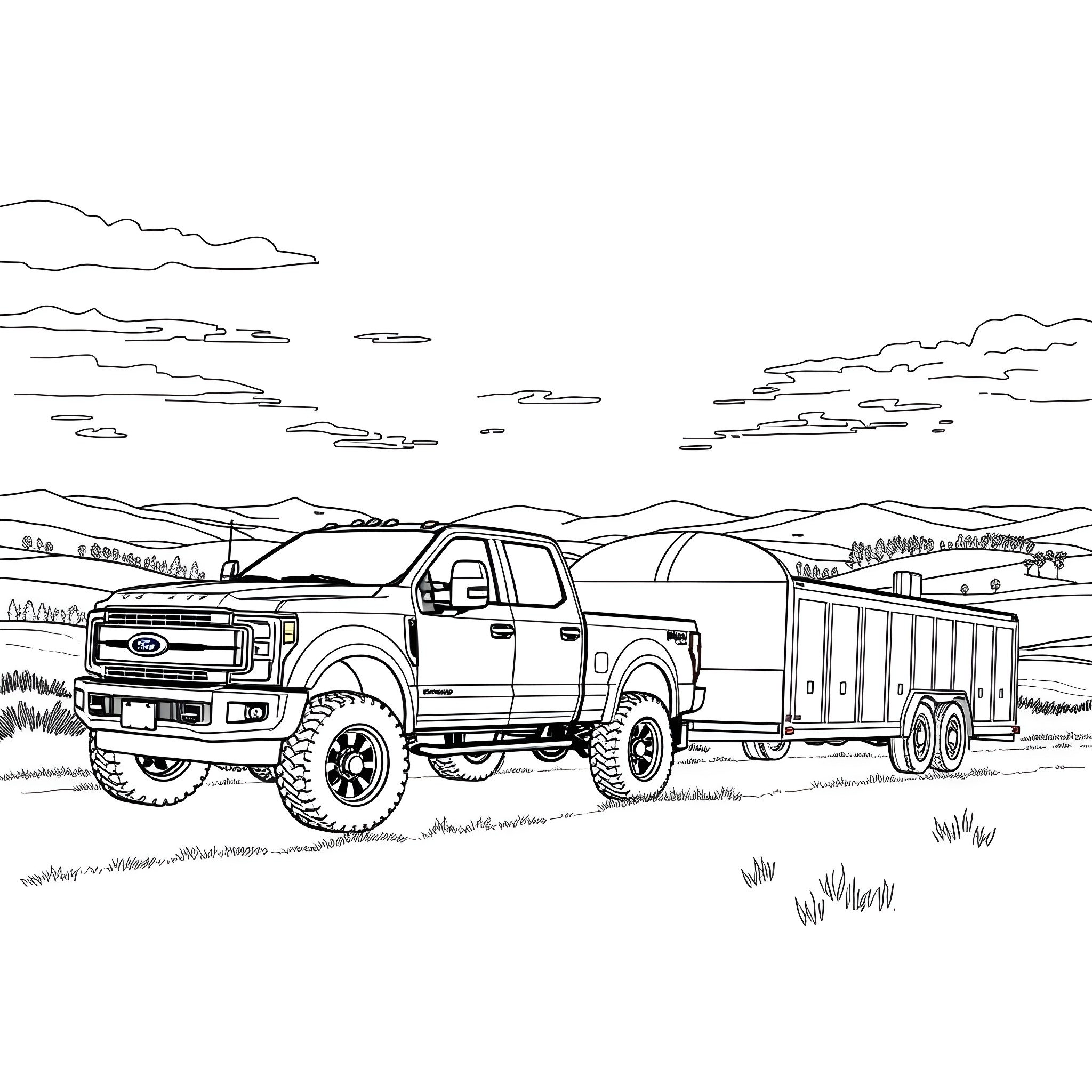Pickup truck hauling cargo on country road Coloring Page (free black-and-white line drawing printable PDF for all, from beginners to advanced learners, including children, teens, adults, and seniors)