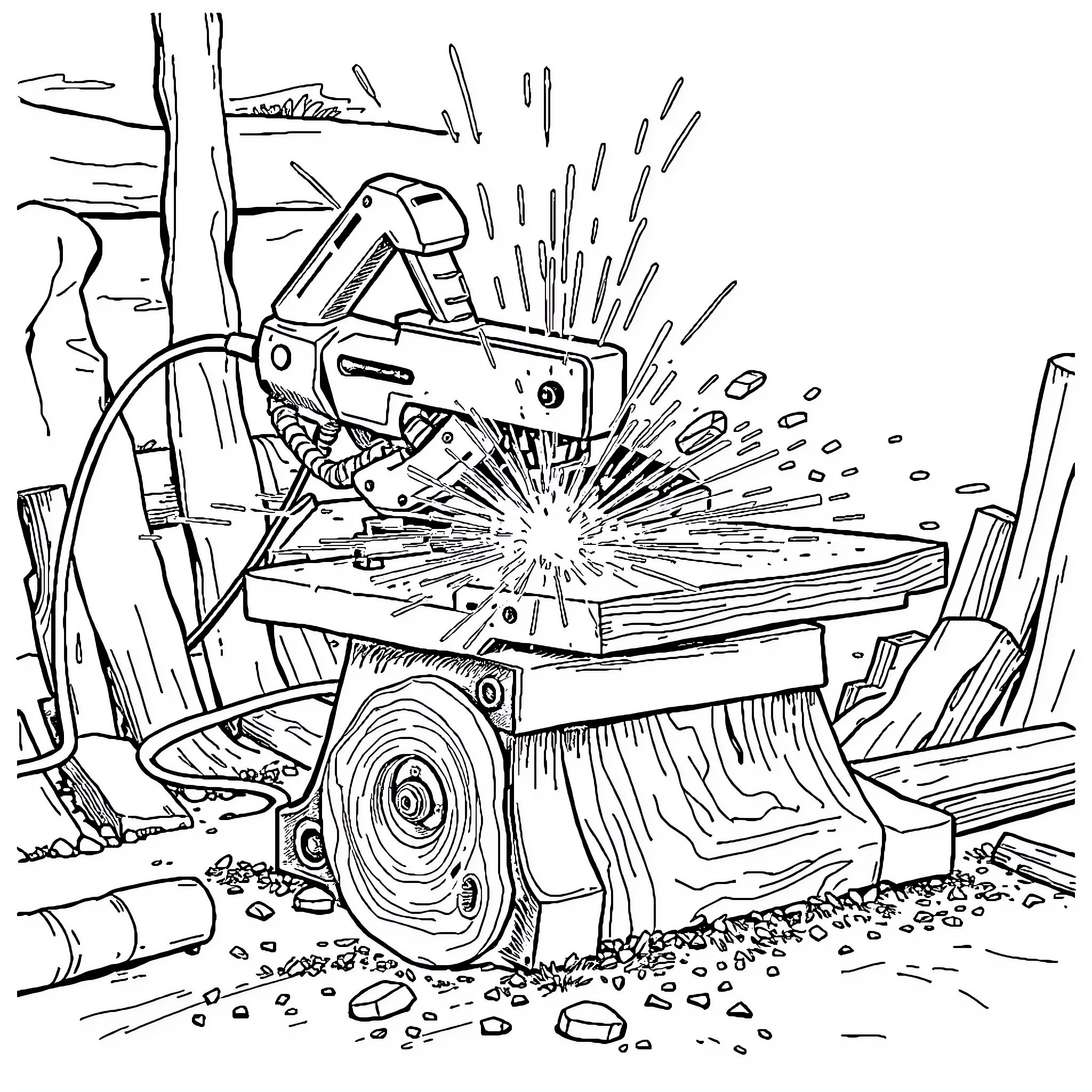 Tablesaw cutting through wood with sparks Coloring Page (free black-and-white line drawing printable PDF for all, from beginners to advanced learners, including children, teens, adults, and seniors)
