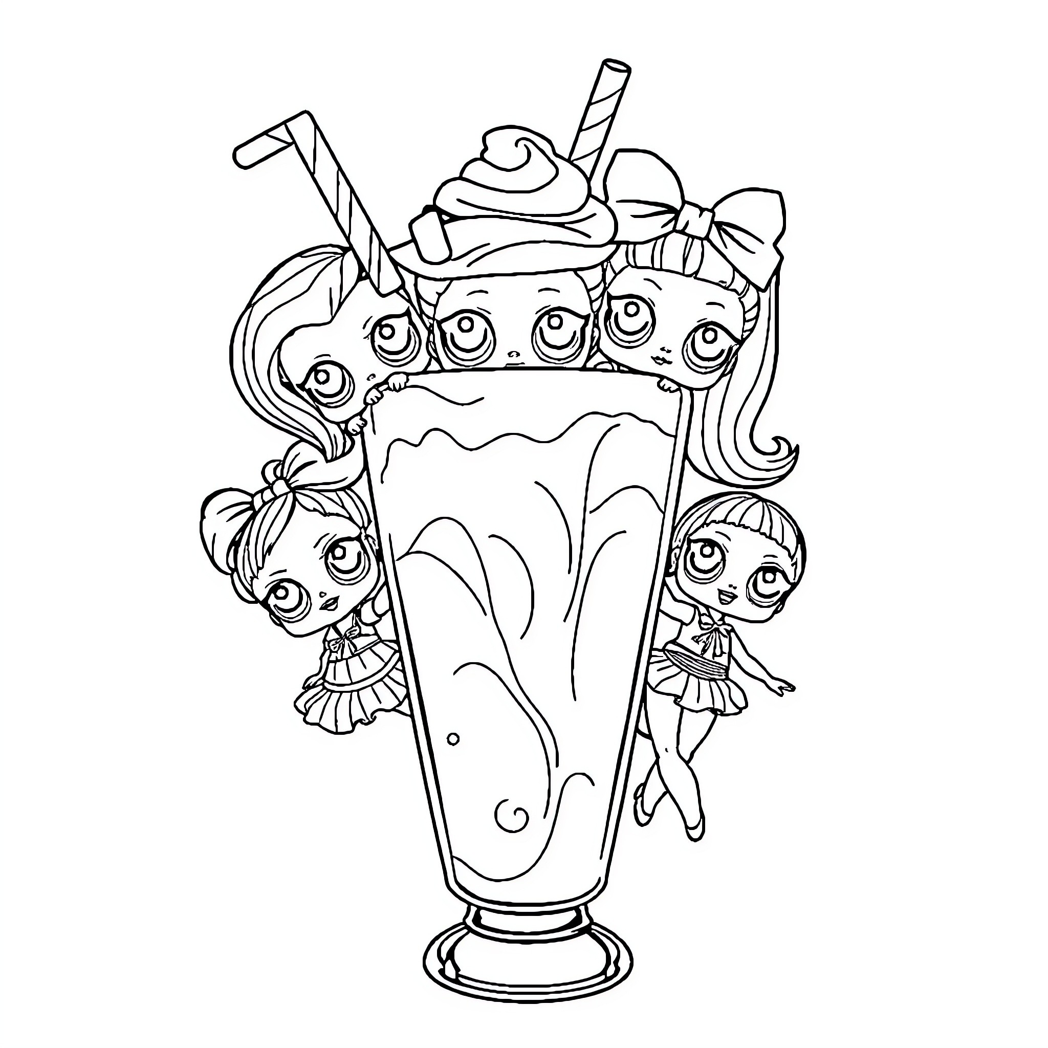 Milkshake with Playful Characters Coloring Page (free black-and-white line drawing printable PDF for all, from beginners to advanced learners, including children, teens, adults, and seniors)