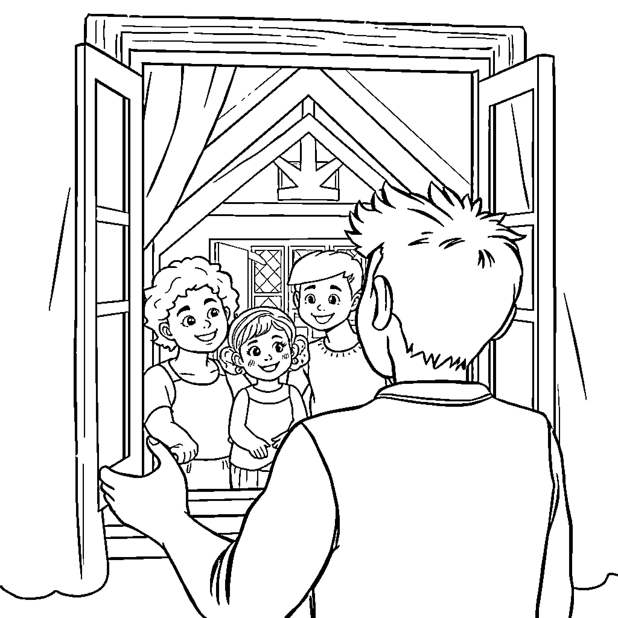 Jason's Family Outing at the Cabin Coloring Page (free black-and-white line drawing printable PDF for all, from beginners to advanced learners, including children, teens, adults, and seniors)